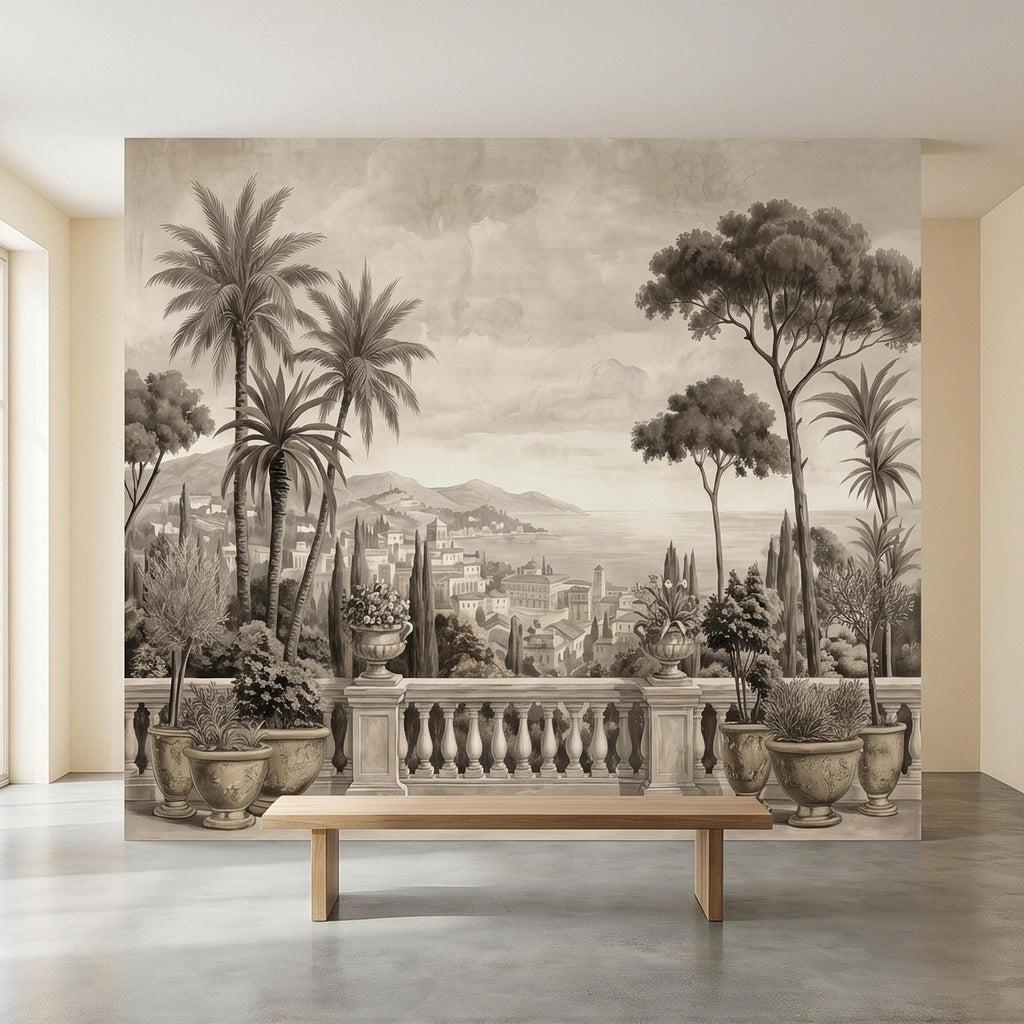 Vintage Mediterranean Coastal Villa View Peel and Stick Wall Mural, Sepia Palm Trees Terrace Balcony Italian Riviera Landscape Wallpaper