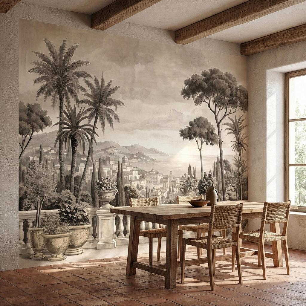 Vintage Mediterranean Coastal Villa View Peel and Stick Wall Mural, Sepia Palm Trees Terrace Balcony Italian Riviera Landscape Wallpaper