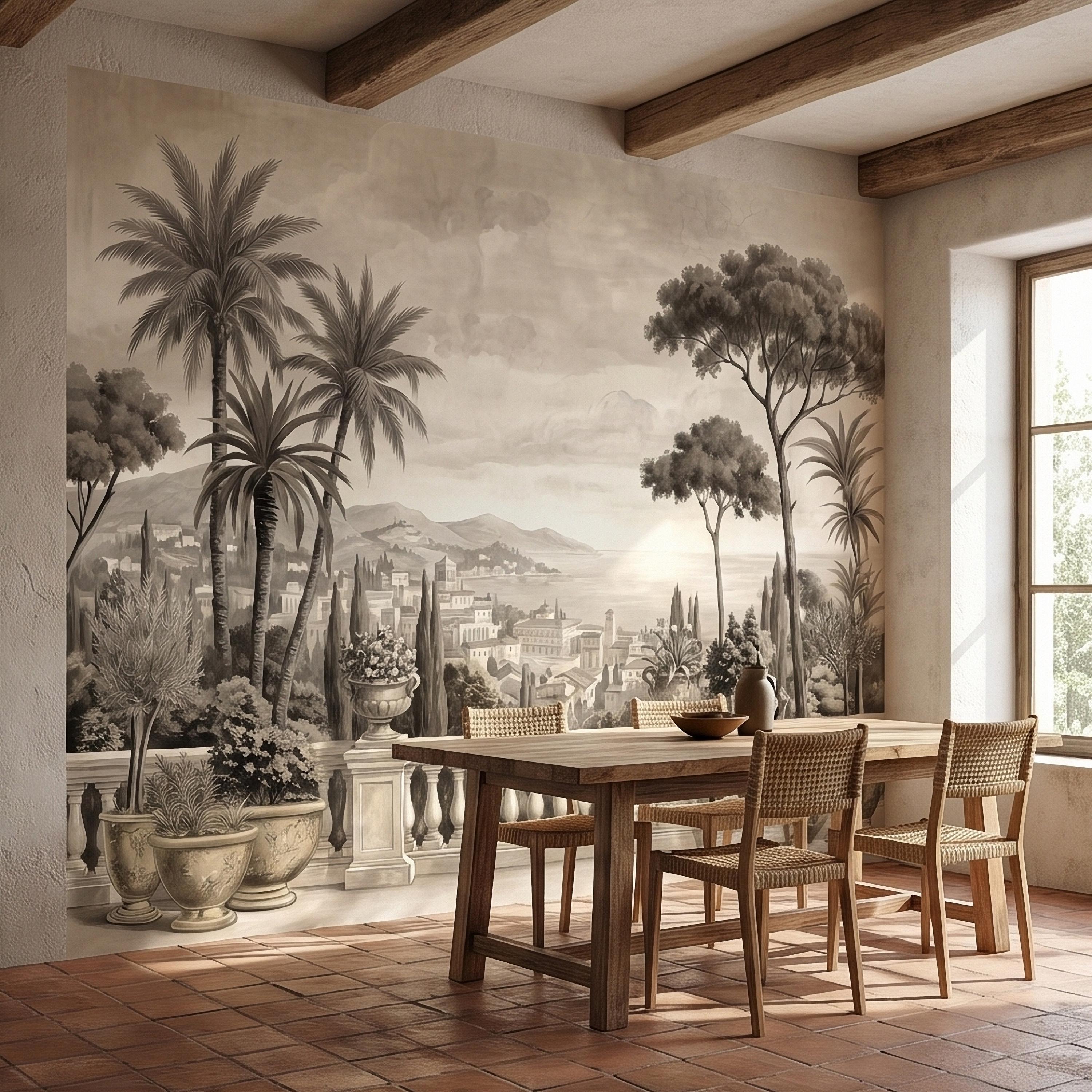 Vintage Mediterranean Coastal Villa View Peel and Stick Wall Mural, Sepia Palm Trees Terrace Balcony Italian Riviera Landscape Wallpaper