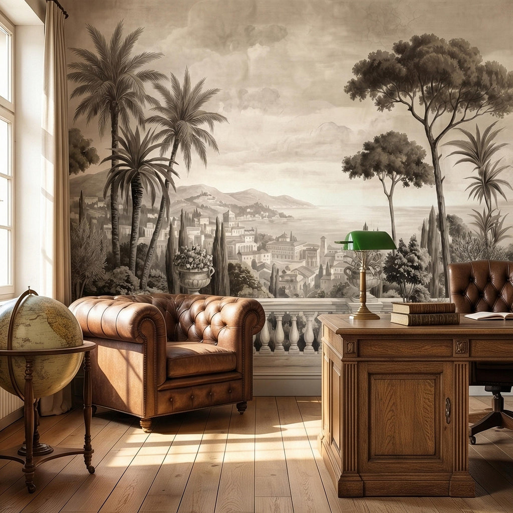 Vintage Mediterranean Coastal Villa View Peel and Stick Wall Mural, Sepia Palm Trees Terrace Balcony Italian Riviera Landscape Wallpaper