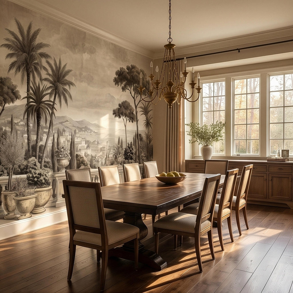 Vintage Mediterranean Coastal Villa View Peel and Stick Wall Mural, Sepia Palm Trees Terrace Balcony Italian Riviera Landscape Wallpaper