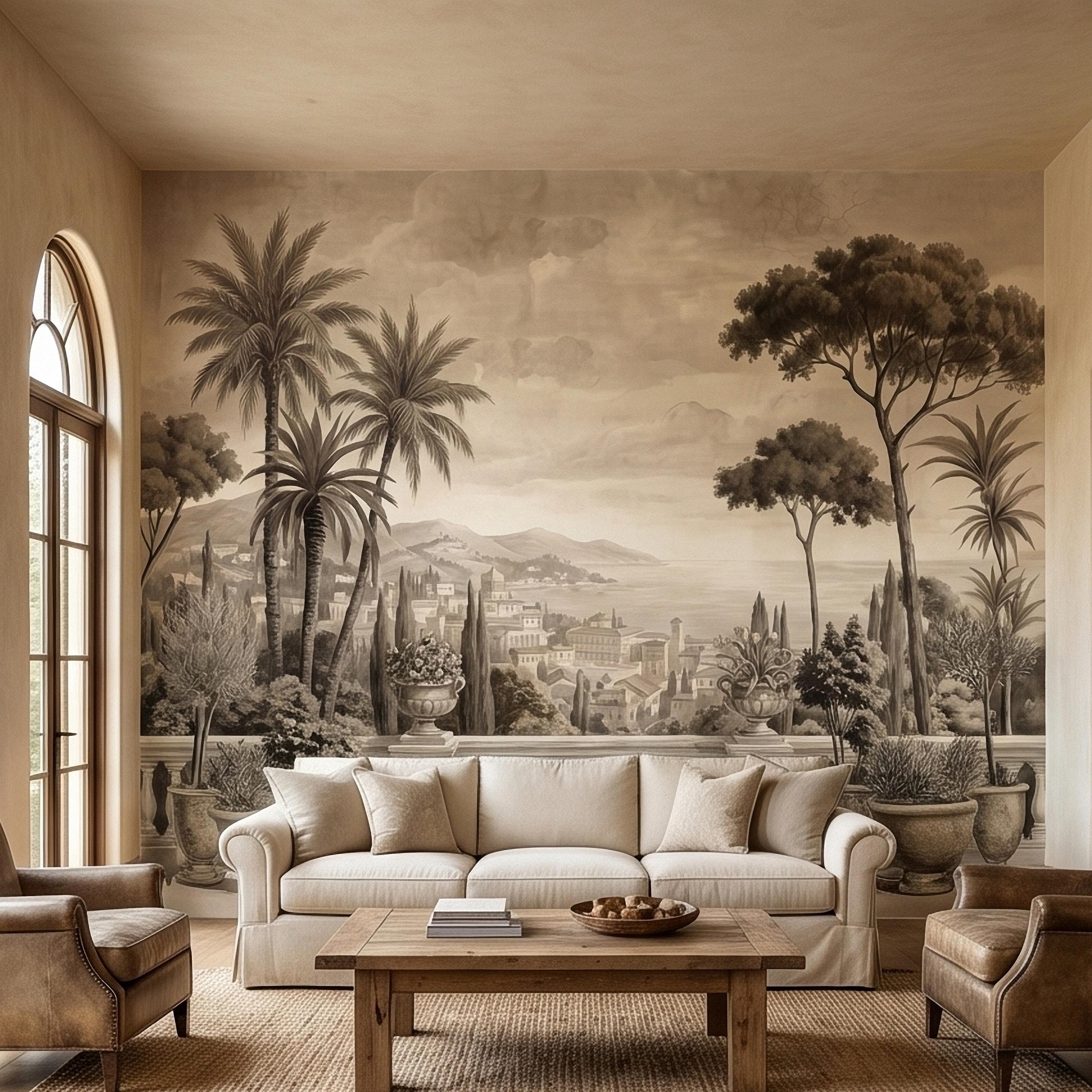 Vintage Mediterranean Coastal Villa View Peel and Stick Wall Mural, Sepia Palm Trees Terrace Balcony Italian Riviera Landscape Wallpaper