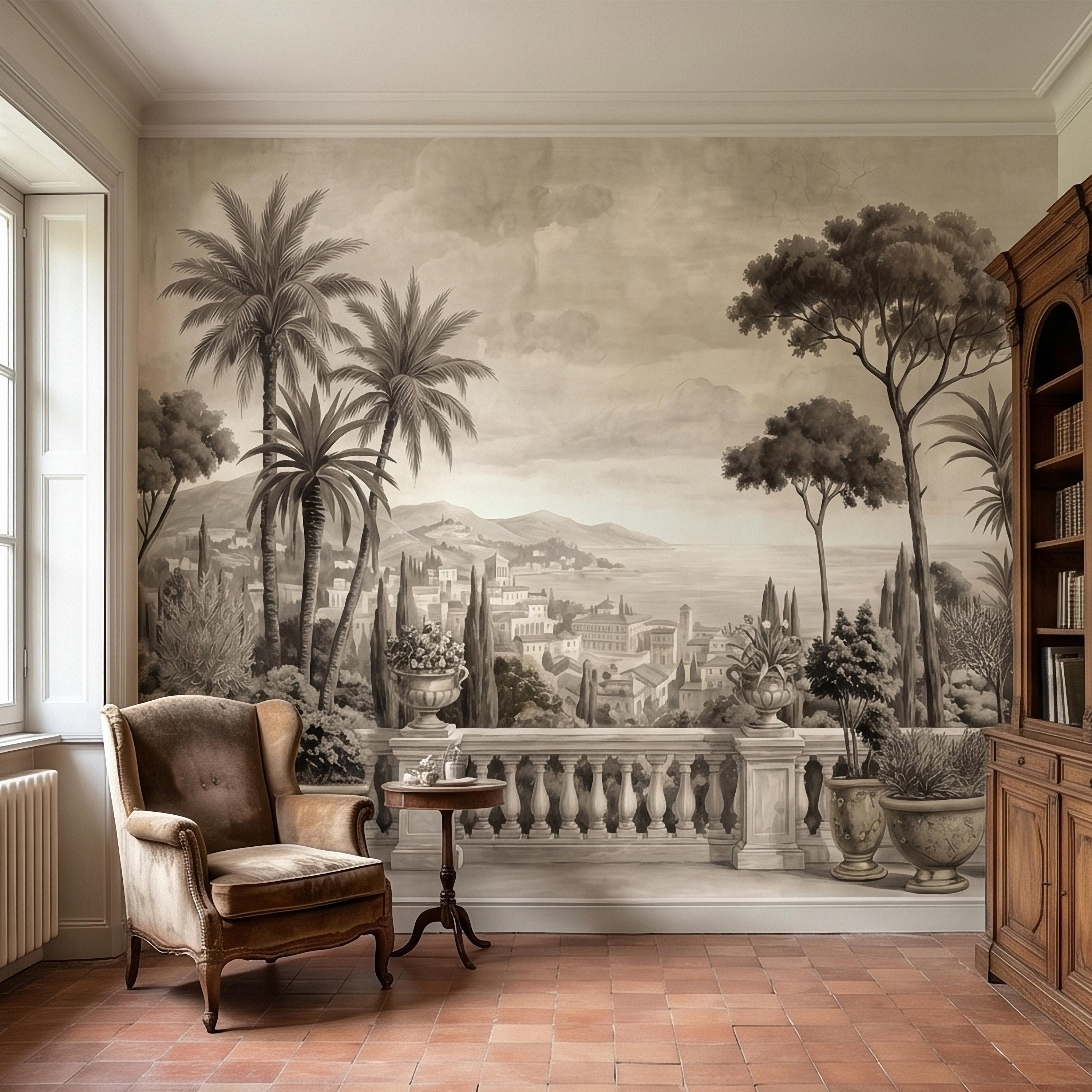 Vintage Mediterranean Coastal Villa View Peel and Stick Wall Mural, Sepia Palm Trees Terrace Balcony Italian Riviera Landscape Wallpaper