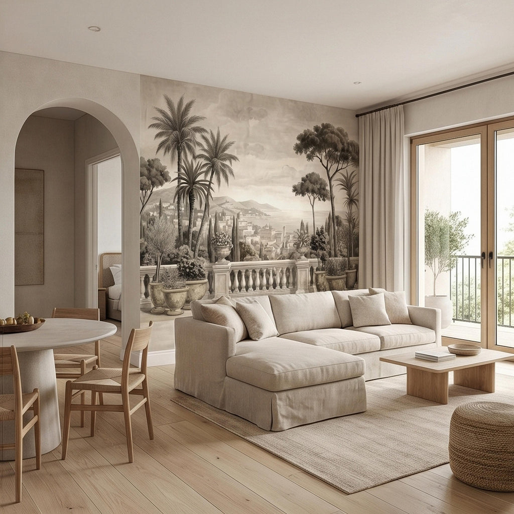 Vintage Mediterranean Coastal Villa View Peel and Stick Wall Mural, Sepia Palm Trees Terrace Balcony Italian Riviera Landscape Wallpaper