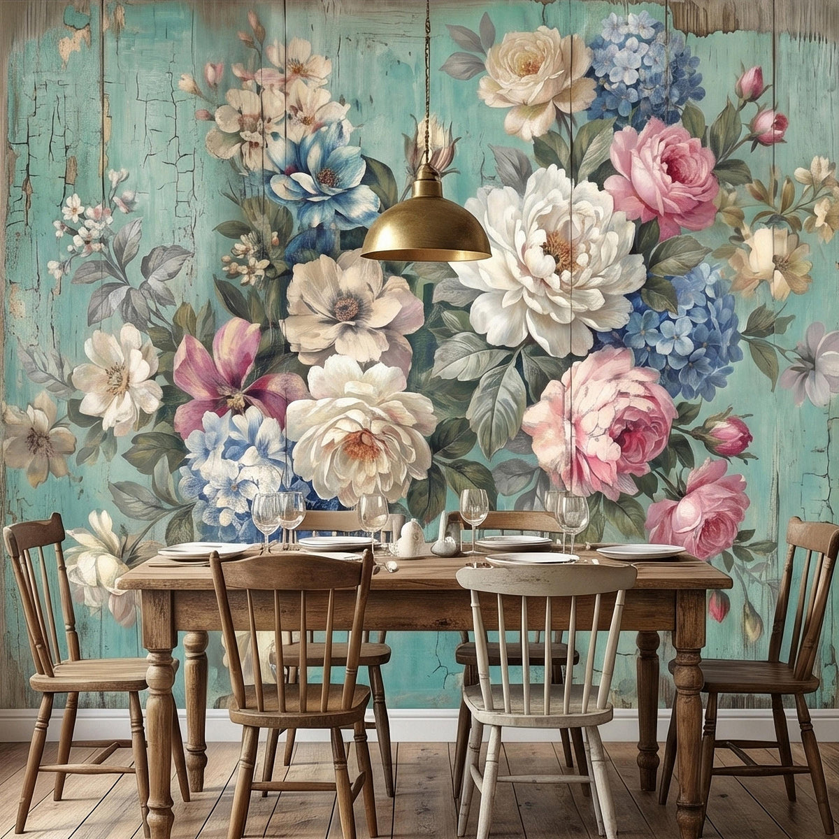 Vintage Distressed Turquoise Wood Floral Bouquet Peel and Stick Wall Mural, Shabby Chic Peony Rose Hydrangea Cottagecore Farmhouse Wallpaper - The Fine Art Murals