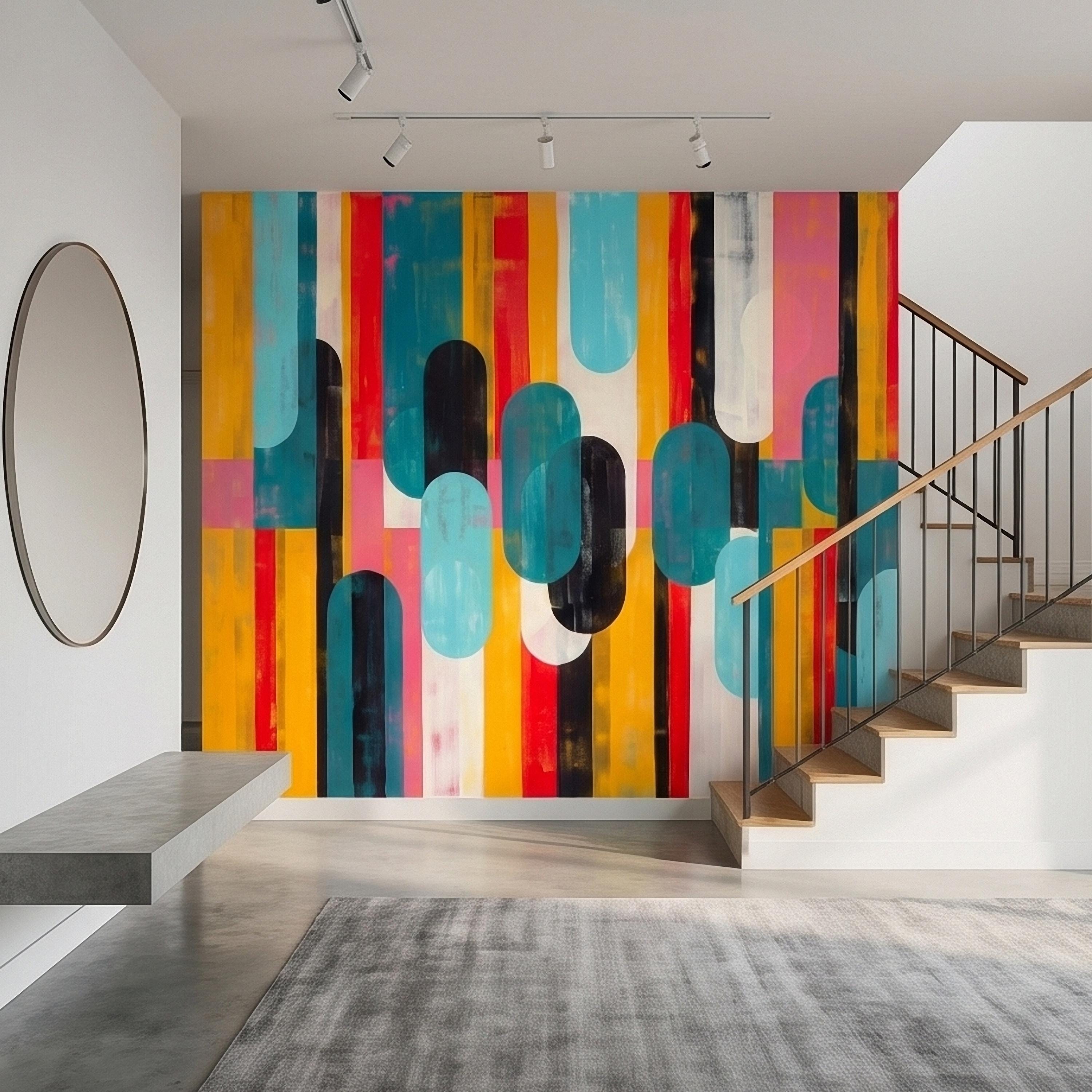 Mid Century Modern Abstract Peel and Stick Wall Mural, Colorful Geometric Stripes and Ovals Teal Yellow Red Pink, Retro Pop Art Wallpaper