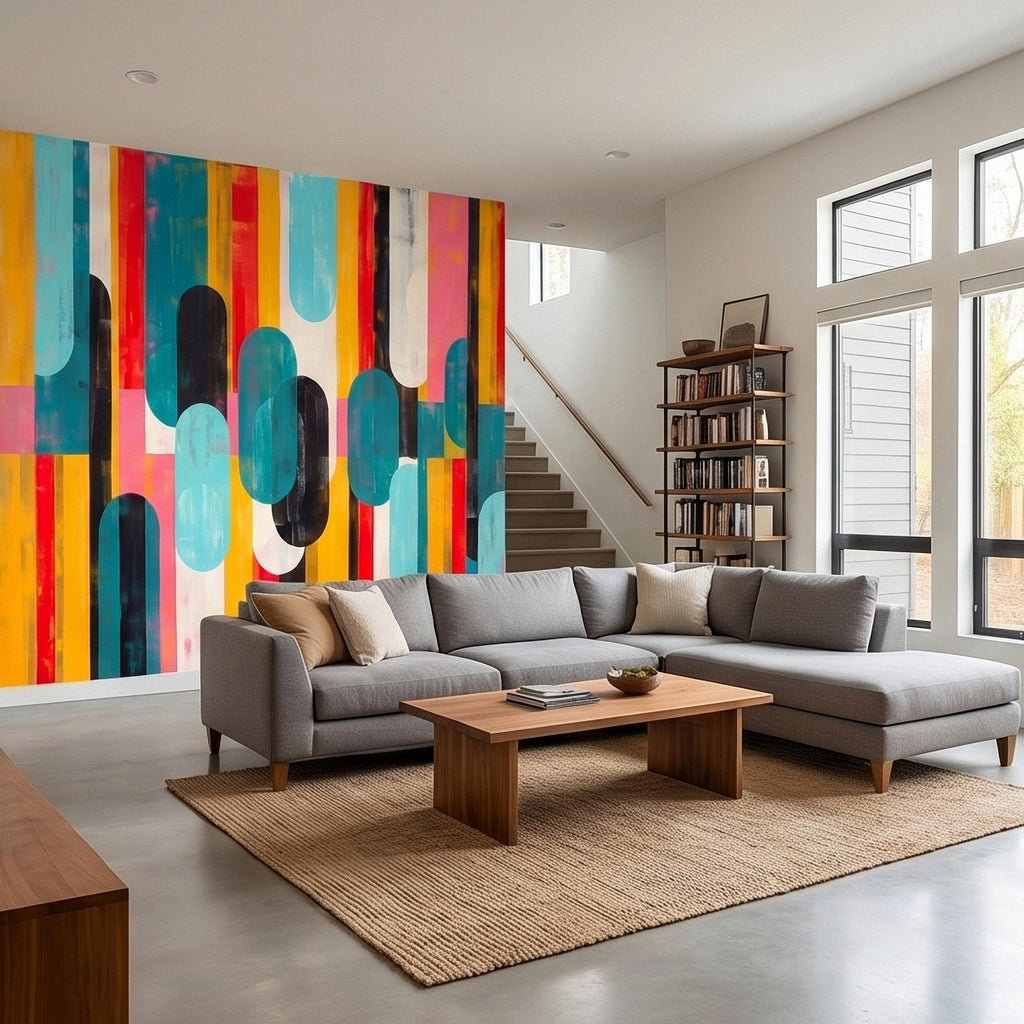 Mid Century Modern Abstract Peel and Stick Wall Mural, Colorful Geometric Stripes and Ovals Teal Yellow Red Pink, Retro Pop Art Wallpaper