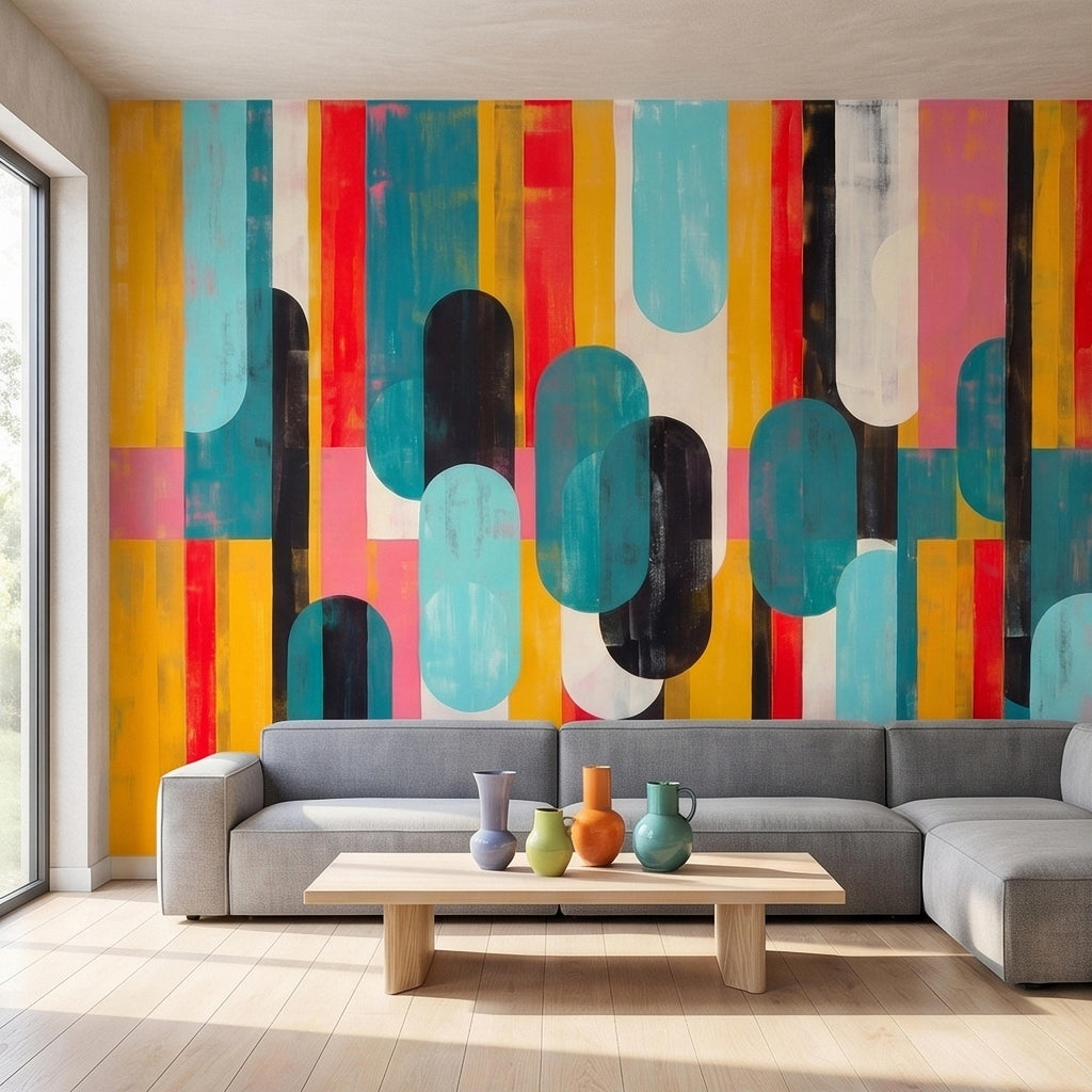 Mid Century Modern Abstract Peel and Stick Wall Mural, Colorful Geometric Stripes and Ovals Teal Yellow Red Pink, Retro Pop Art Wallpaper