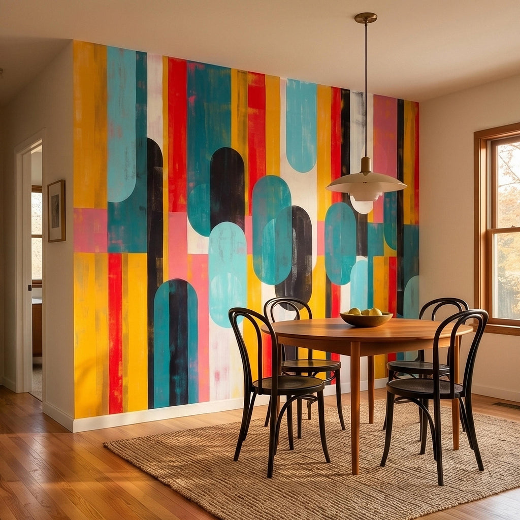 Mid Century Modern Abstract Peel and Stick Wall Mural, Colorful Geometric Stripes and Ovals Teal Yellow Red Pink, Retro Pop Art Wallpaper