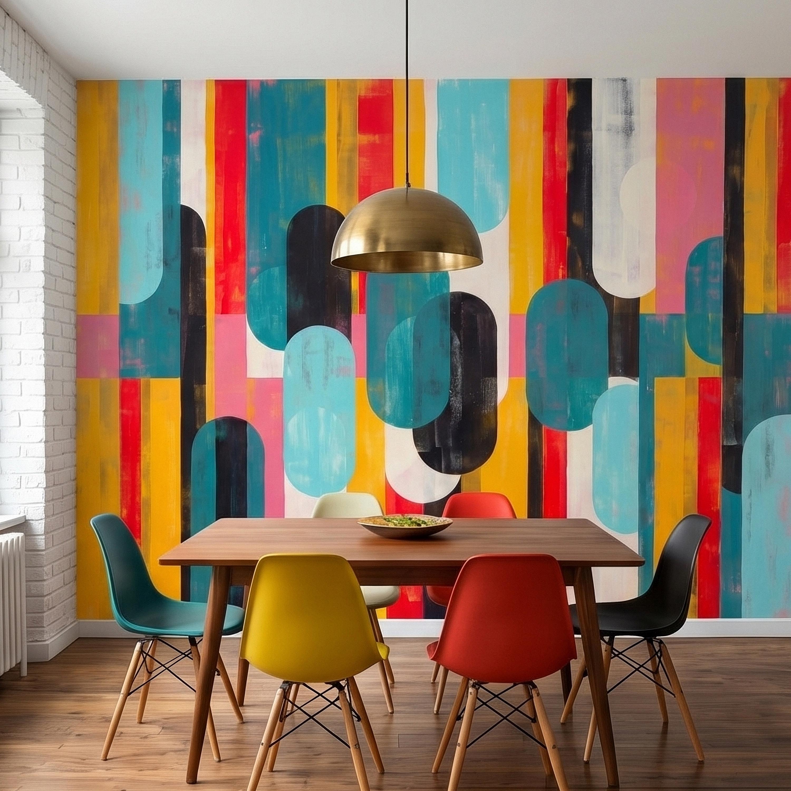 Mid Century Modern Abstract Peel and Stick Wall Mural, Colorful Geometric Stripes and Ovals Teal Yellow Red Pink, Retro Pop Art Wallpaper