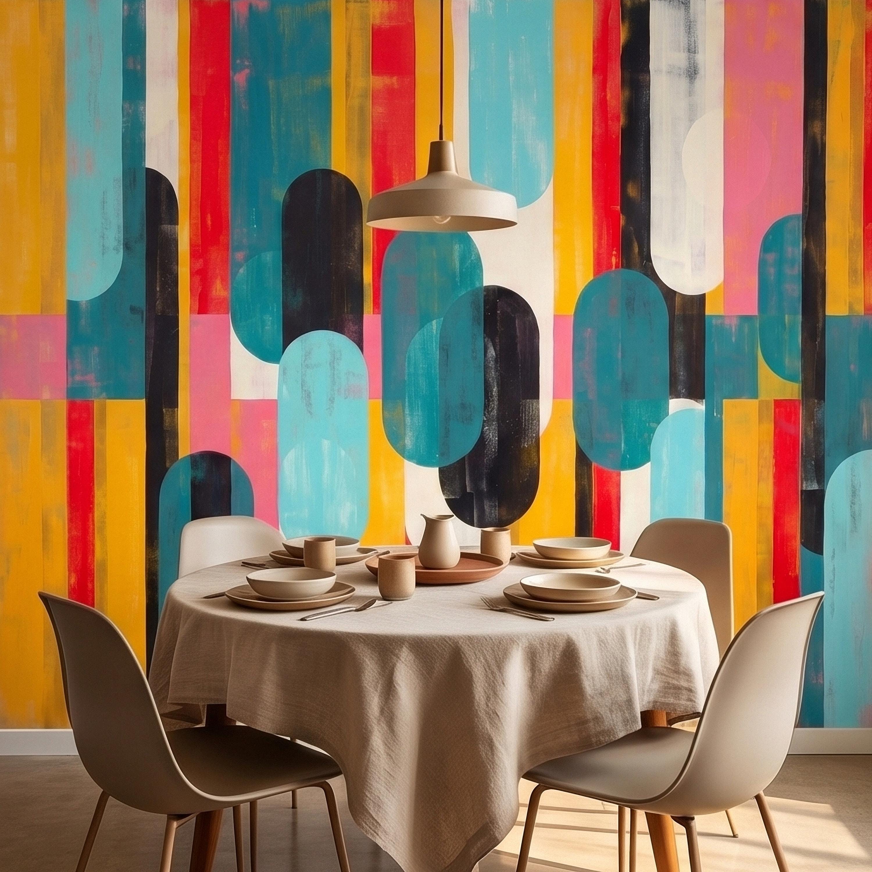 Mid Century Modern Abstract Peel and Stick Wall Mural, Colorful Geometric Stripes and Ovals Teal Yellow Red Pink, Retro Pop Art Wallpaper