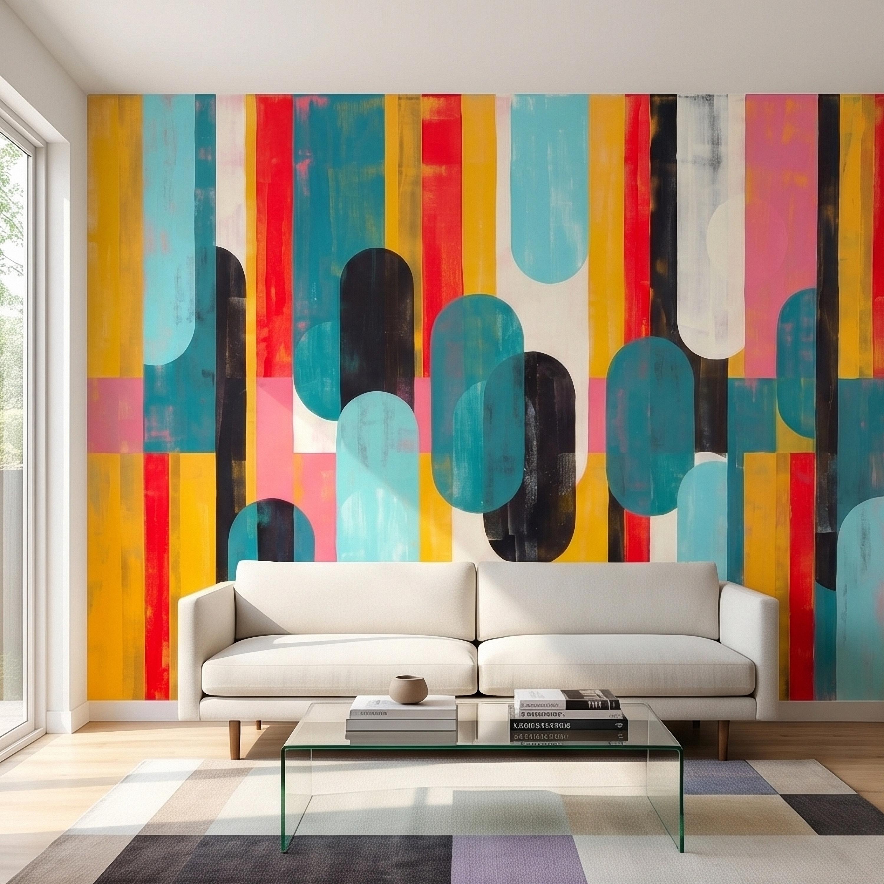 Mid Century Modern Abstract Peel and Stick Wall Mural, Colorful Geometric Stripes and Ovals Teal Yellow Red Pink, Retro Pop Art Wallpaper