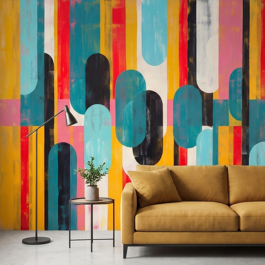 Mid Century Modern Abstract Peel and Stick Wall Mural, Colorful Geometric Stripes and Ovals Teal Yellow Red Pink, Retro Pop Art Wallpaper