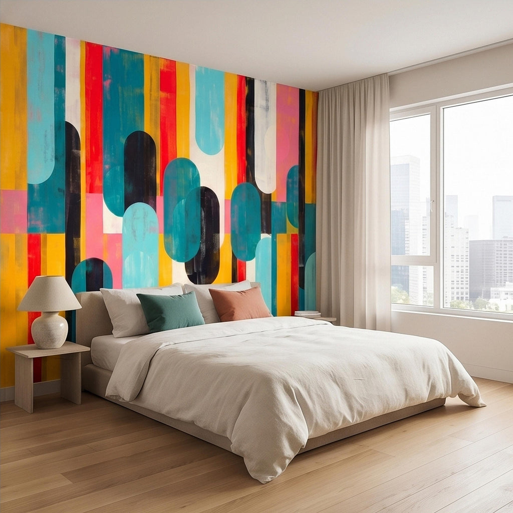 Mid Century Modern Abstract Peel and Stick Wall Mural, Colorful Geometric Stripes and Ovals Teal Yellow Red Pink, Retro Pop Art Wallpaper