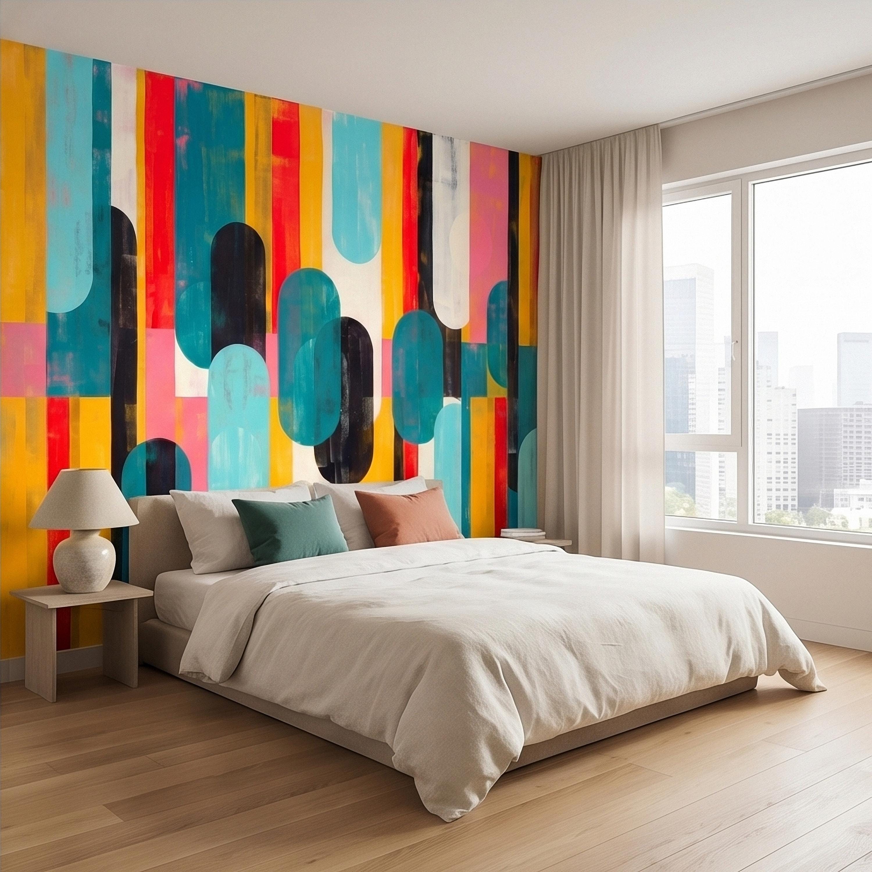Mid Century Modern Abstract Peel and Stick Wall Mural, Colorful Geometric Stripes and Ovals Teal Yellow Red Pink, Retro Pop Art Wallpaper