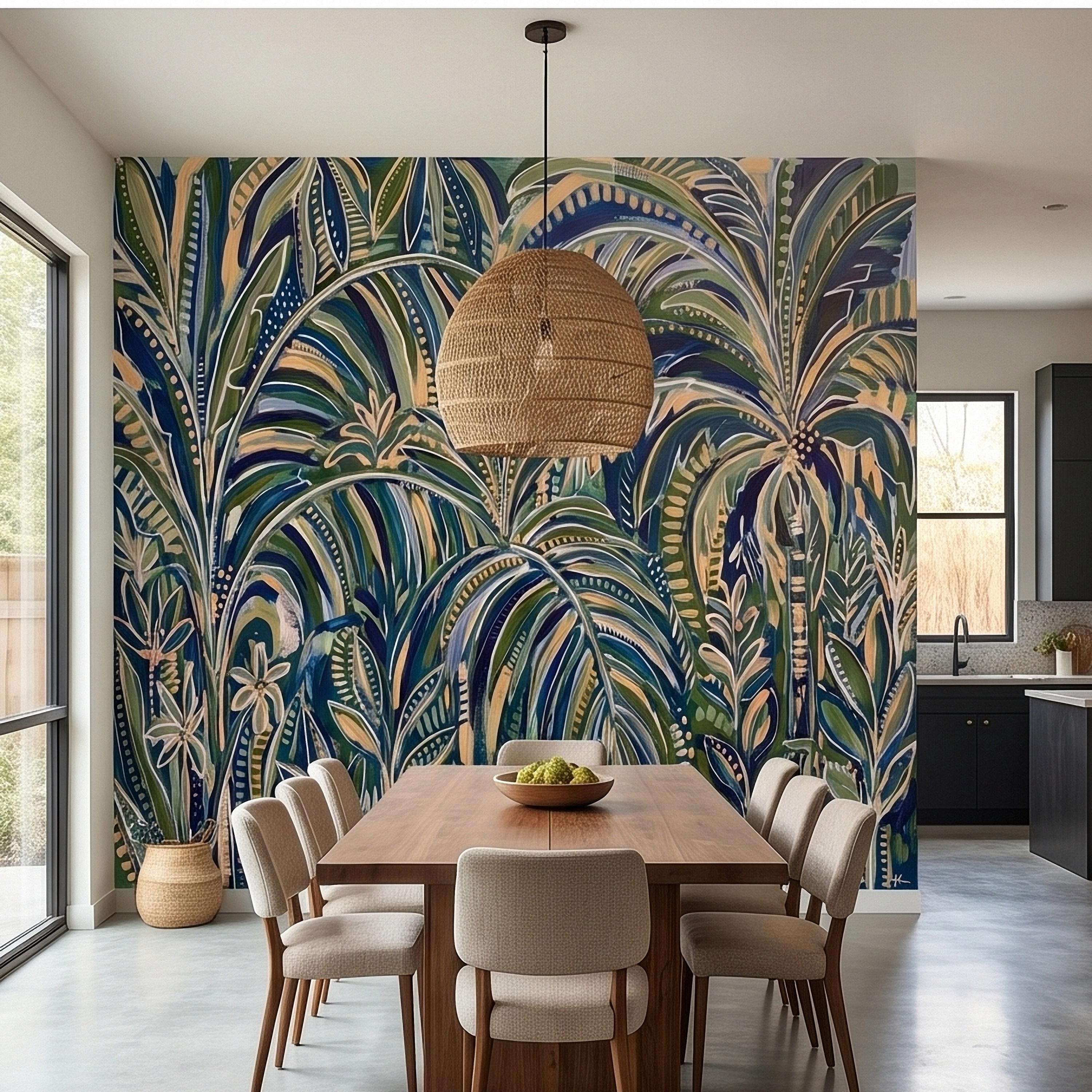 Tropical Palm Leaves Peel and Stick Wall Mural, Moody Green Navy Abstract Botanical Jungle Palm Fronds, Modern Boho Coastal Wallpaper