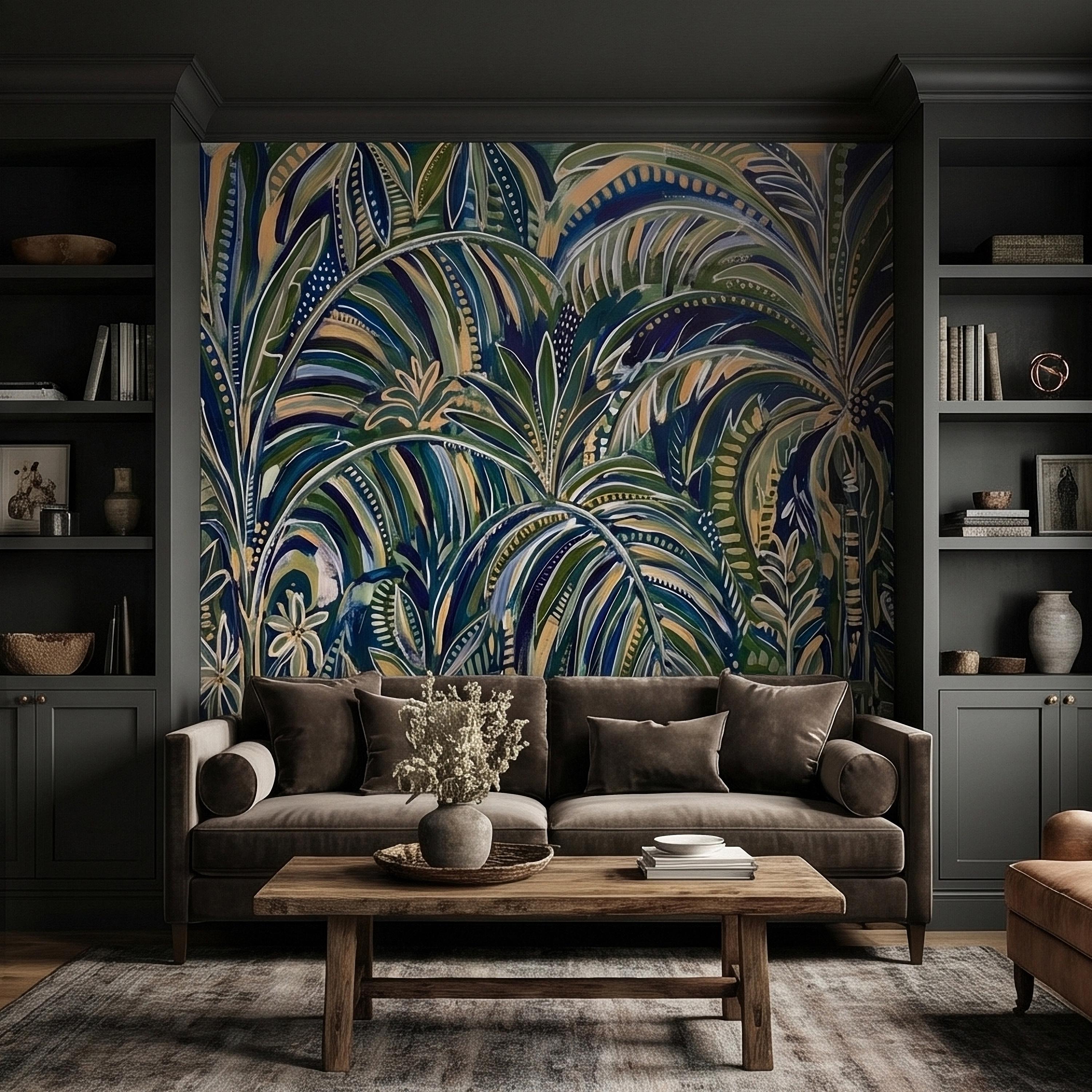 Tropical Palm Leaves Peel and Stick Wall Mural, Moody Green Navy Abstract Botanical Jungle Palm Fronds, Modern Boho Coastal Wallpaper