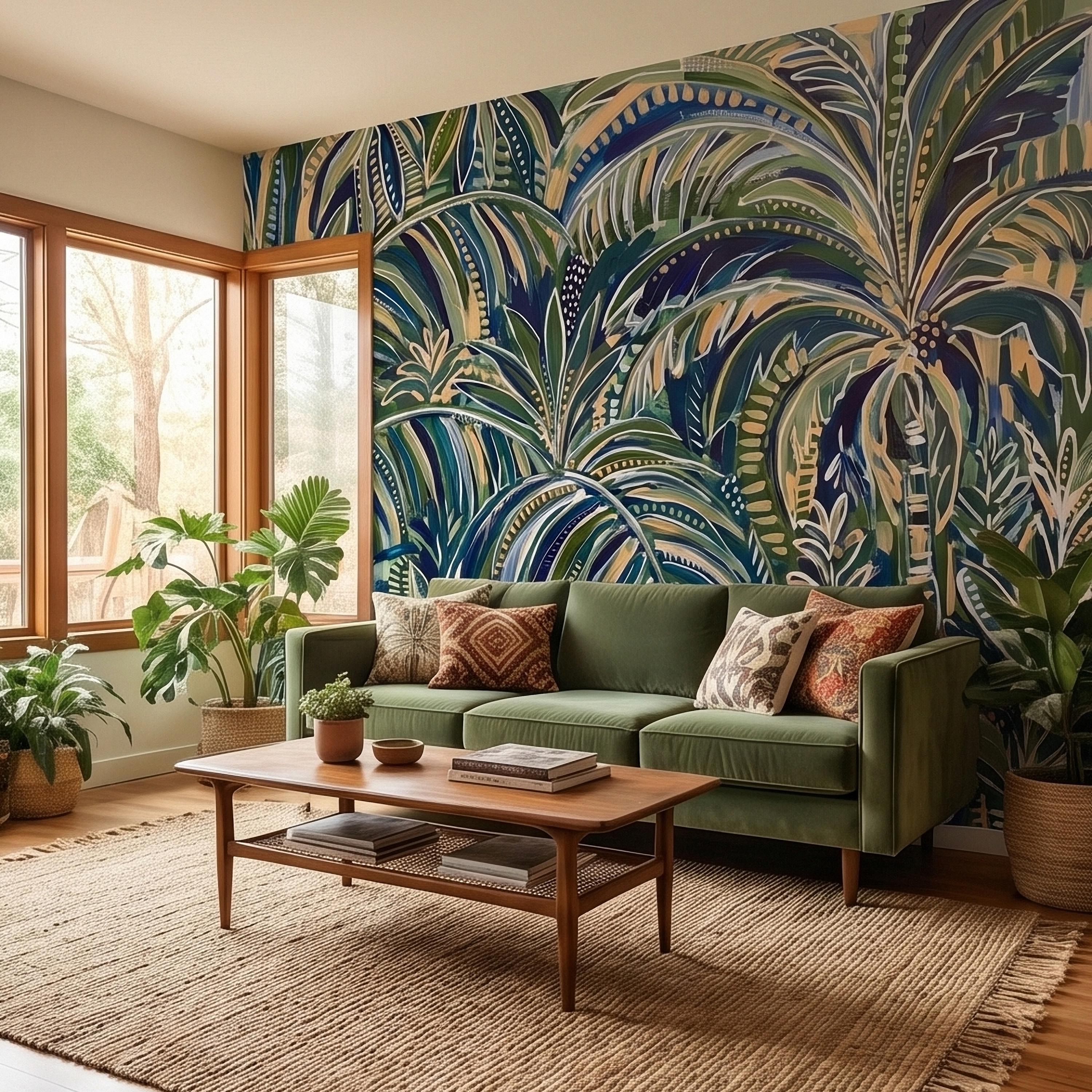 Tropical Palm Leaves Peel and Stick Wall Mural, Moody Green Navy Abstract Botanical Jungle Palm Fronds, Modern Boho Coastal Wallpaper