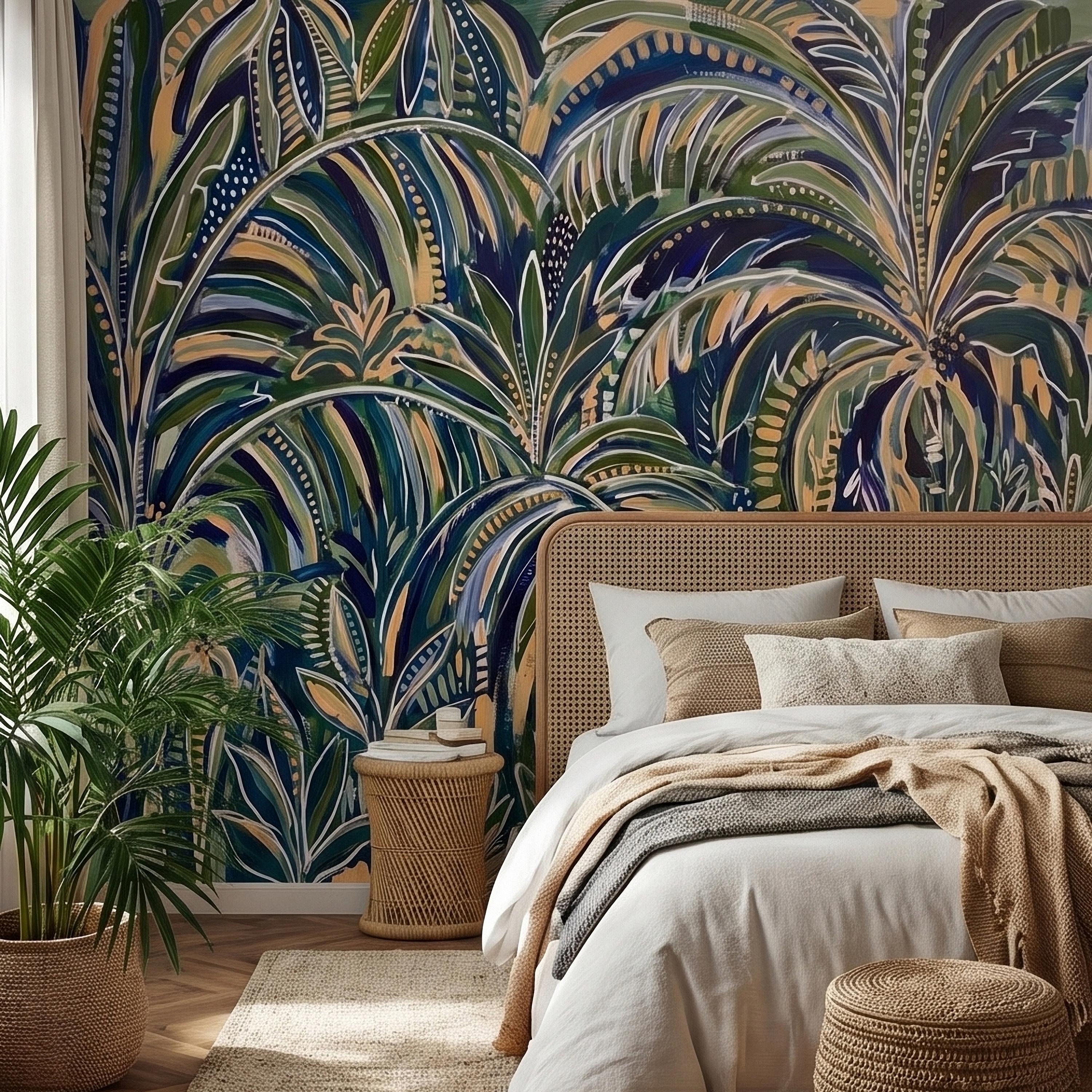 Tropical Palm Leaves Peel and Stick Wall Mural, Moody Green Navy Abstract Botanical Jungle Palm Fronds, Modern Boho Coastal Wallpaper