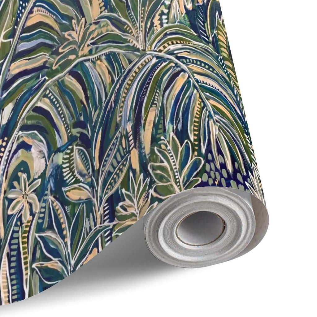 Tropical Palm Leaves Peel and Stick Wall Mural, Moody Green Navy Abstract Botanical Jungle Palm Fronds, Modern Boho Coastal Wallpaper