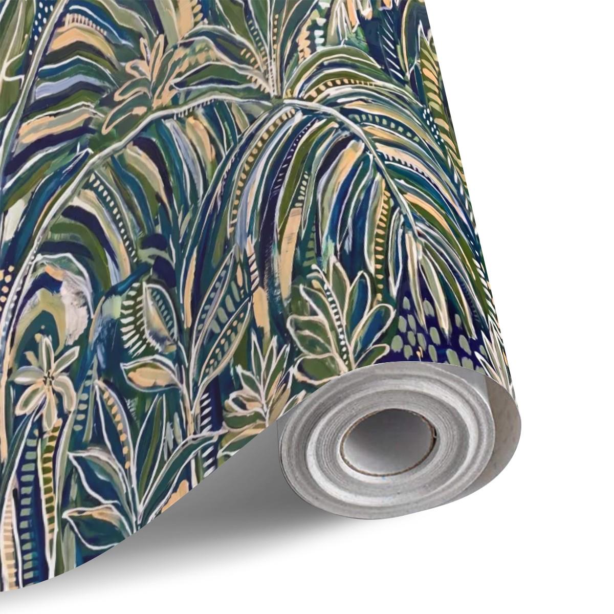 Tropical Palm Leaves Peel and Stick Wall Mural, Moody Green Navy Abstract Botanical Jungle Palm Fronds, Modern Boho Coastal Wallpaper