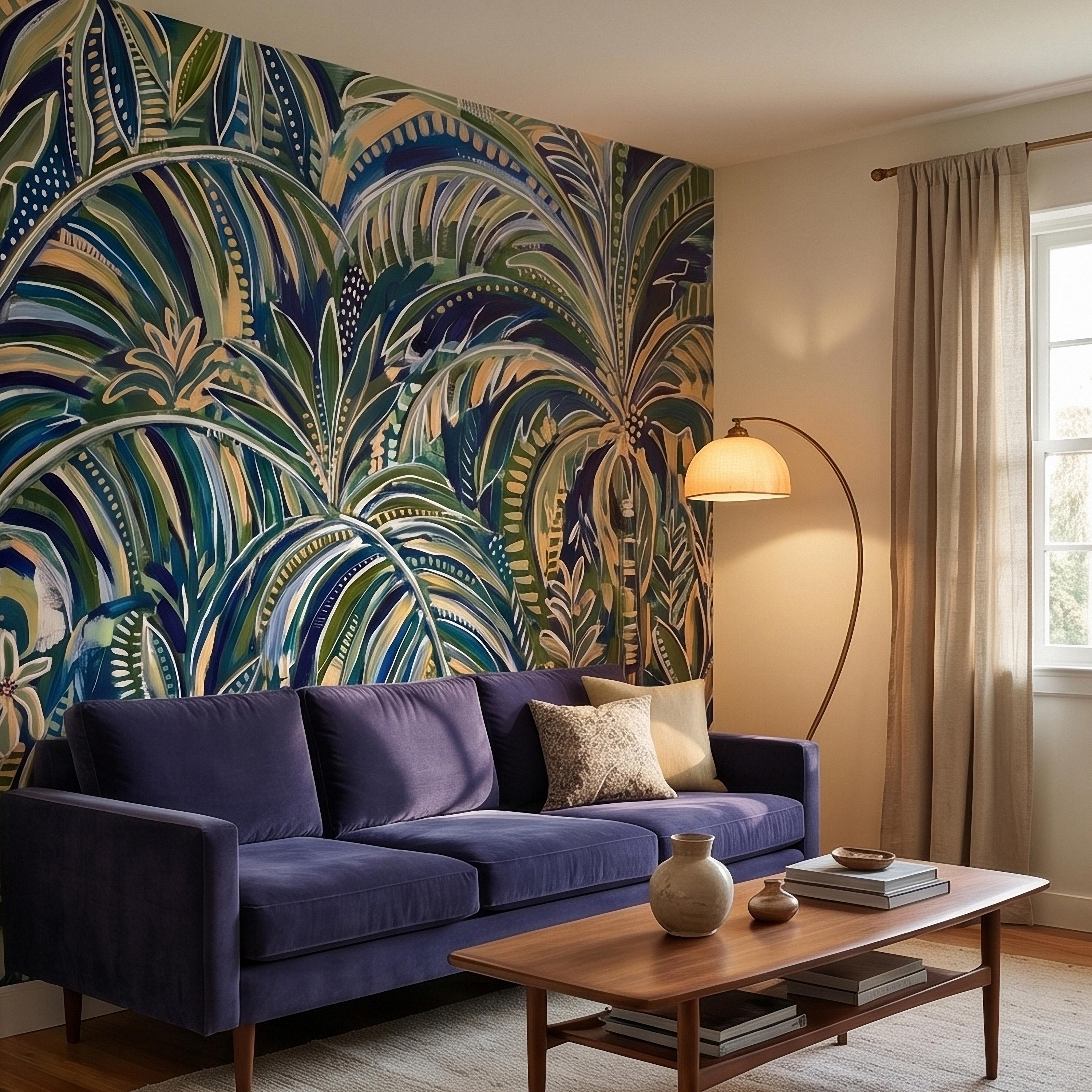 Tropical Palm Leaves Peel and Stick Wall Mural, Moody Green Navy Abstract Botanical Jungle Palm Fronds, Modern Boho Coastal Wallpaper