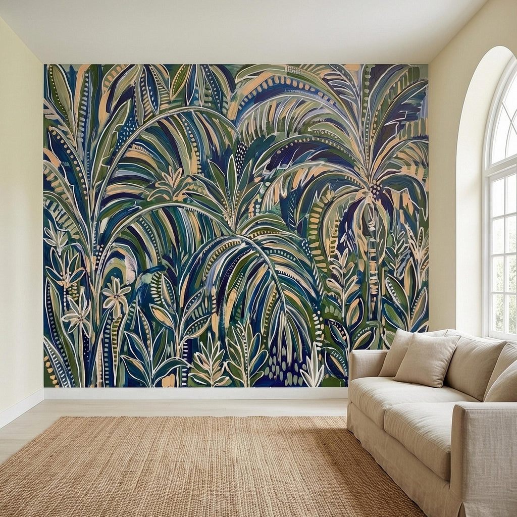 Tropical Palm Leaves Peel and Stick Wall Mural, Moody Green Navy Abstract Botanical Jungle Palm Fronds, Modern Boho Coastal Wallpaper