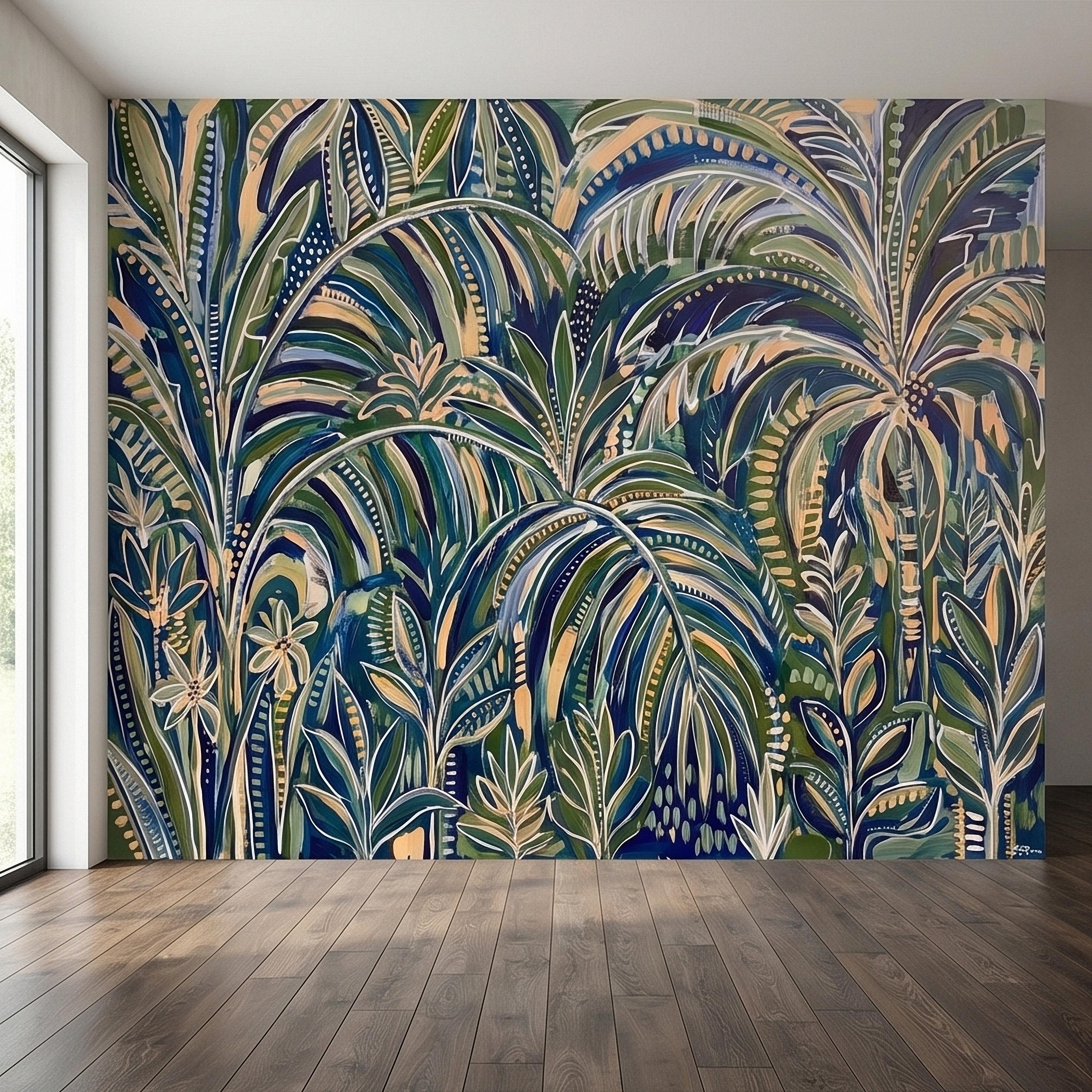 Tropical Palm Leaves Peel and Stick Wall Mural, Moody Green Navy Abstract Botanical Jungle Palm Fronds, Modern Boho Coastal Wallpaper