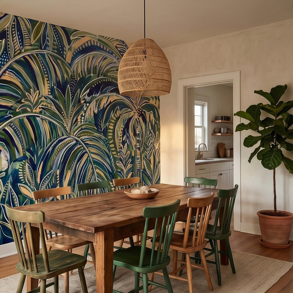 Tropical Palm Leaves Peel and Stick Wall Mural, Moody Green Navy Abstract Botanical Jungle Palm Fronds, Modern Boho Coastal Wallpaper