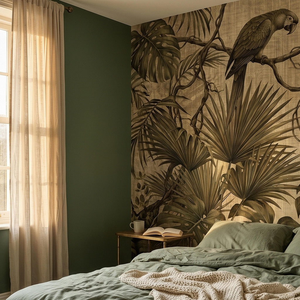 Tropical Birds and Monstera Peel and Stick Wall Mural Vintage Parrot Jungle Leaves Fern Vine, Neutral Sepia Linen Botanical Toile Wallpaper