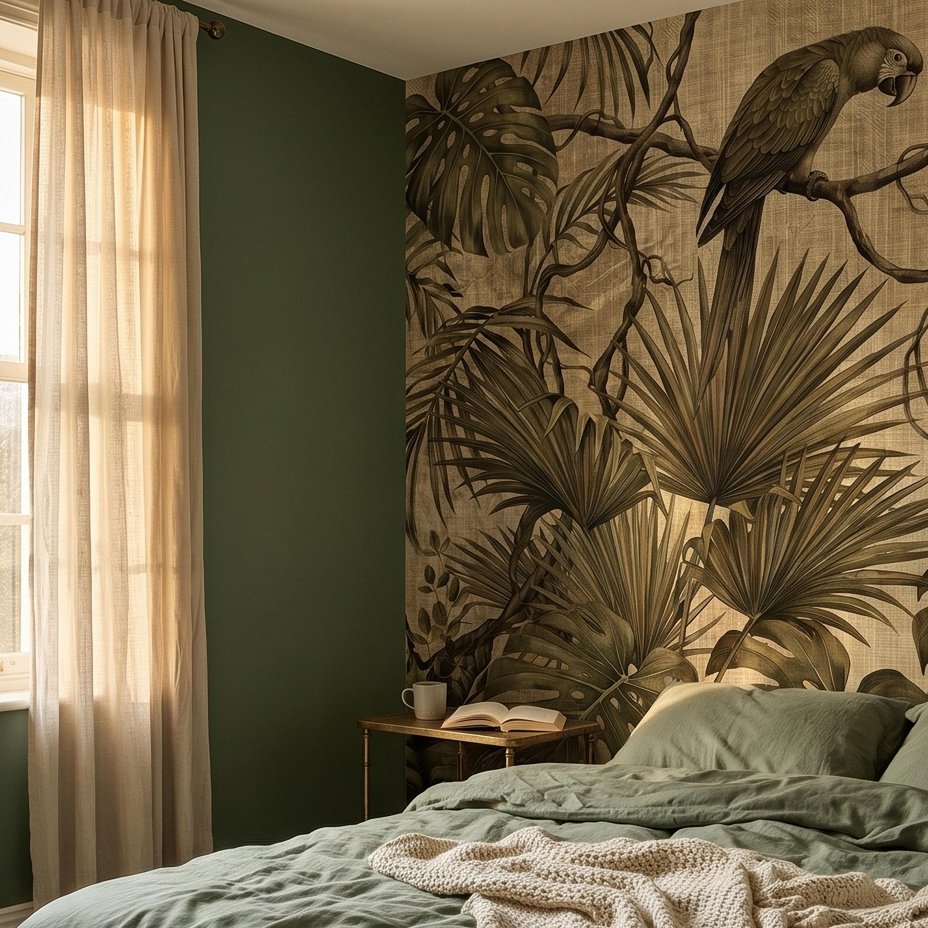 Tropical Birds and Monstera Peel and Stick Wall Mural Vintage Parrot Jungle Leaves Fern Vine, Neutral Sepia Linen Botanical Toile Wallpaper