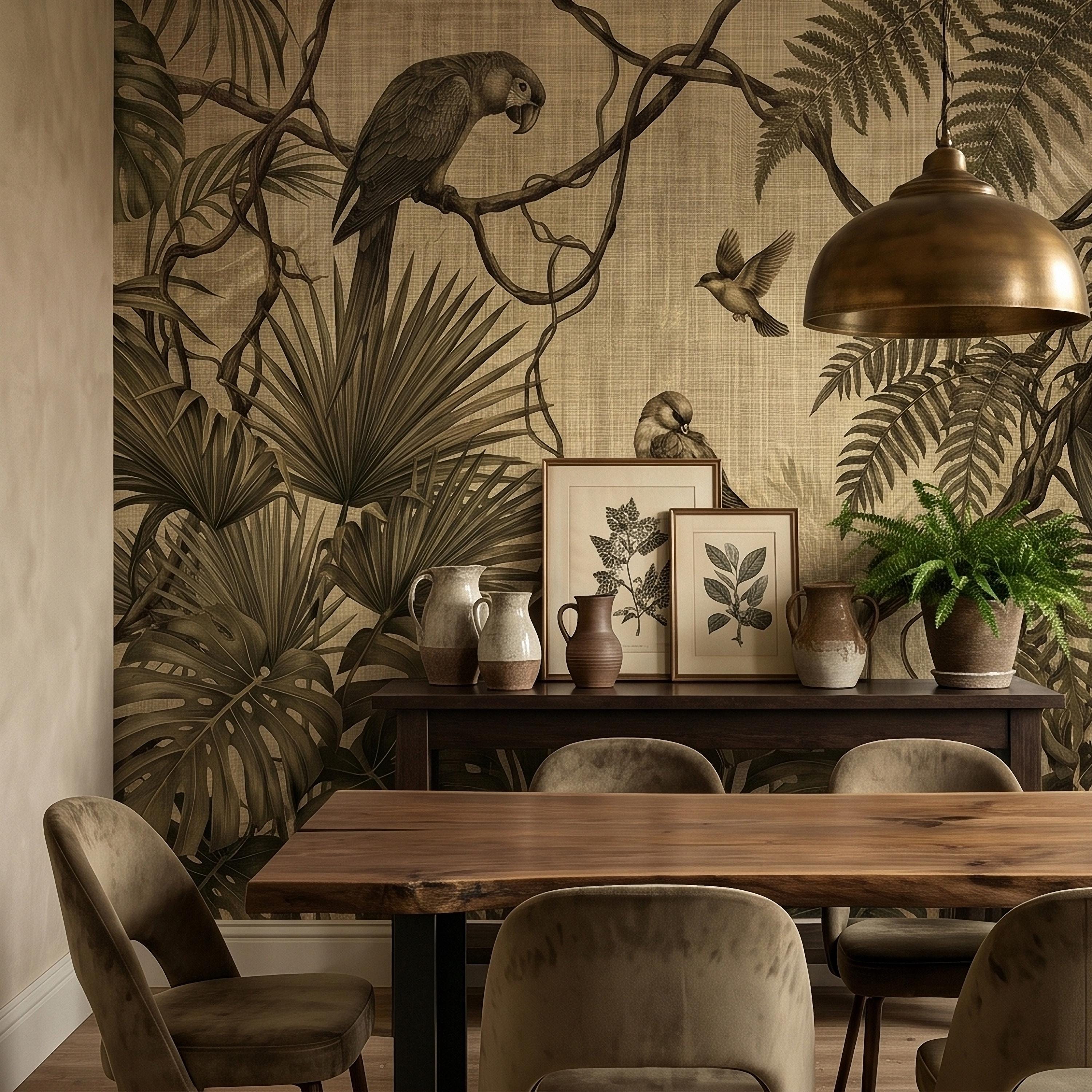 Tropical Birds and Monstera Peel and Stick Wall Mural Vintage Parrot Jungle Leaves Fern Vine, Neutral Sepia Linen Botanical Toile Wallpaper