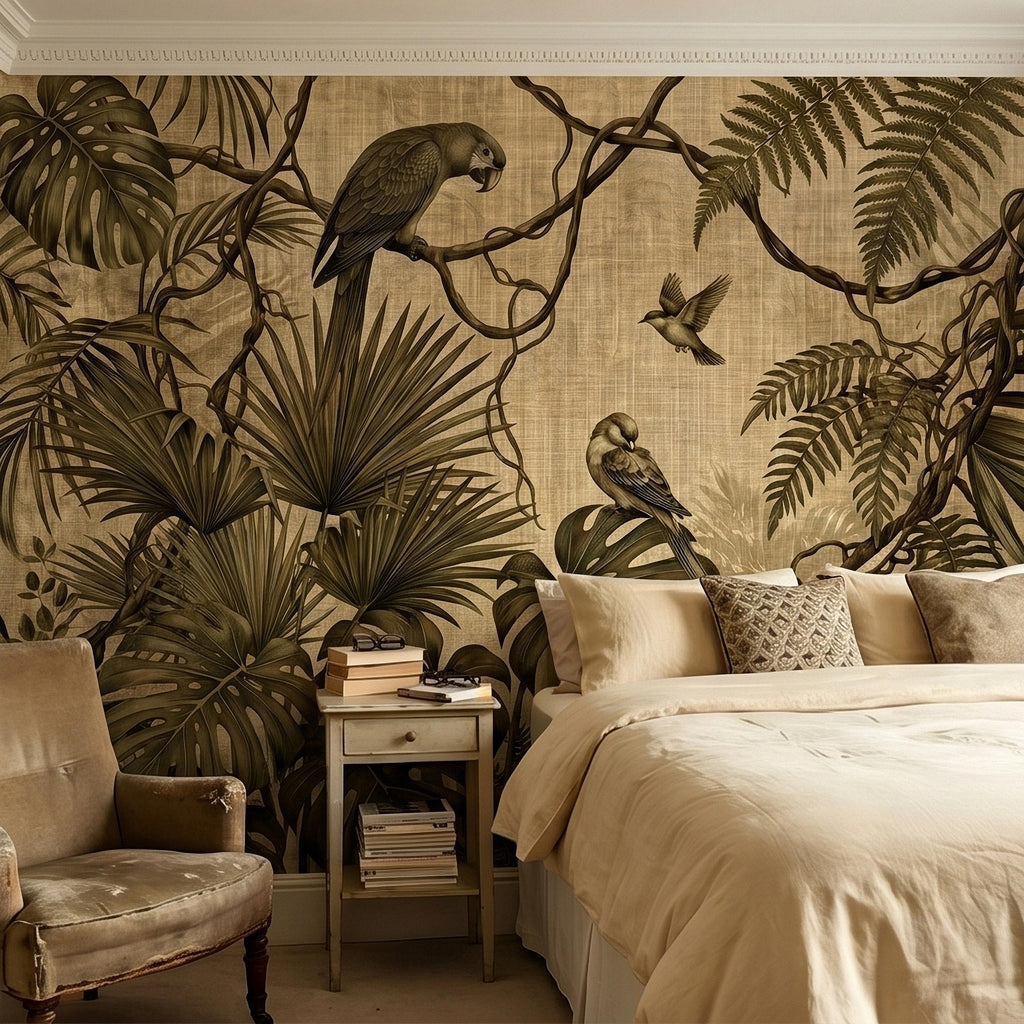 Tropical Birds and Monstera Peel and Stick Wall Mural Vintage Parrot Jungle Leaves Fern Vine, Neutral Sepia Linen Botanical Toile Wallpaper