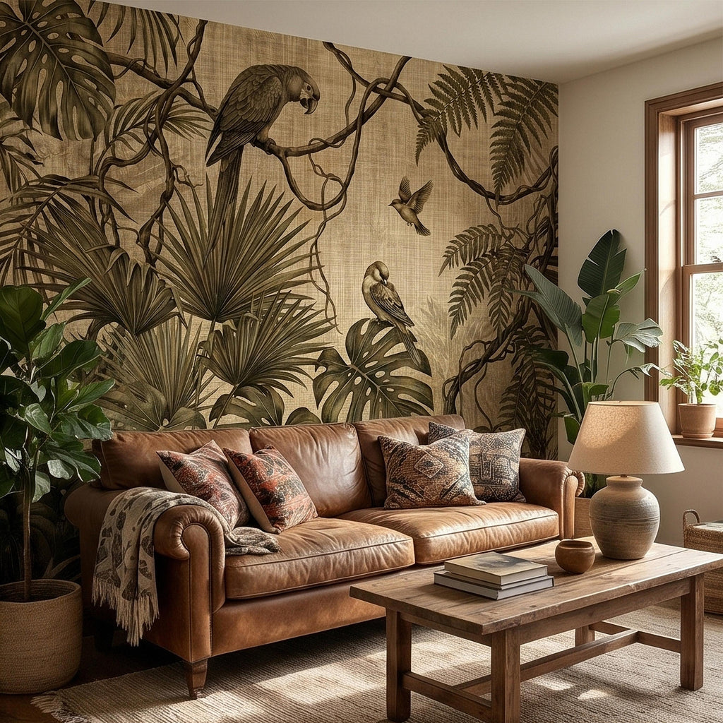 Tropical Birds and Monstera Peel and Stick Wall Mural Vintage Parrot Jungle Leaves Fern Vine, Neutral Sepia Linen Botanical Toile Wallpaper