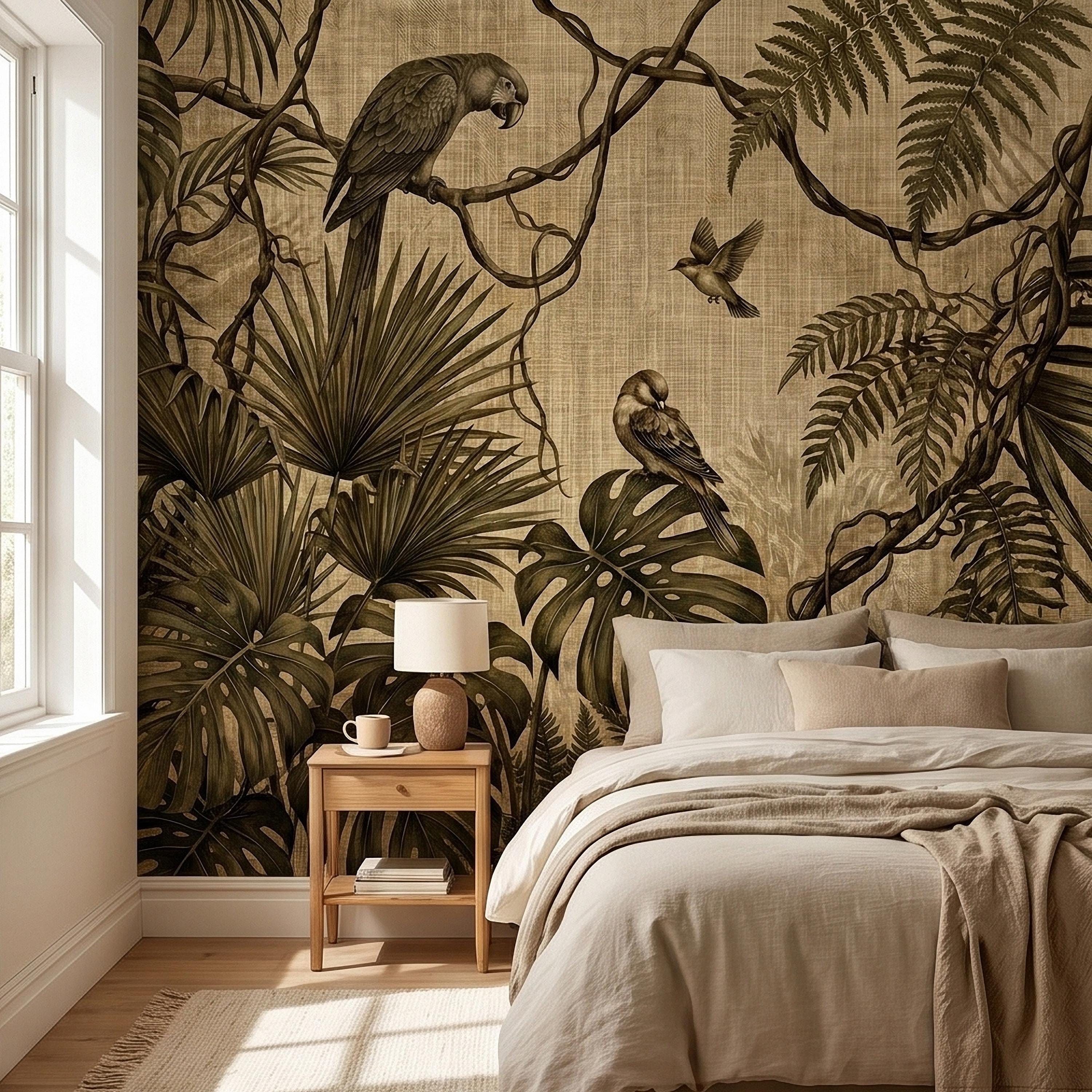 Tropical Birds and Monstera Peel and Stick Wall Mural Vintage Parrot Jungle Leaves Fern Vine, Neutral Sepia Linen Botanical Toile Wallpaper