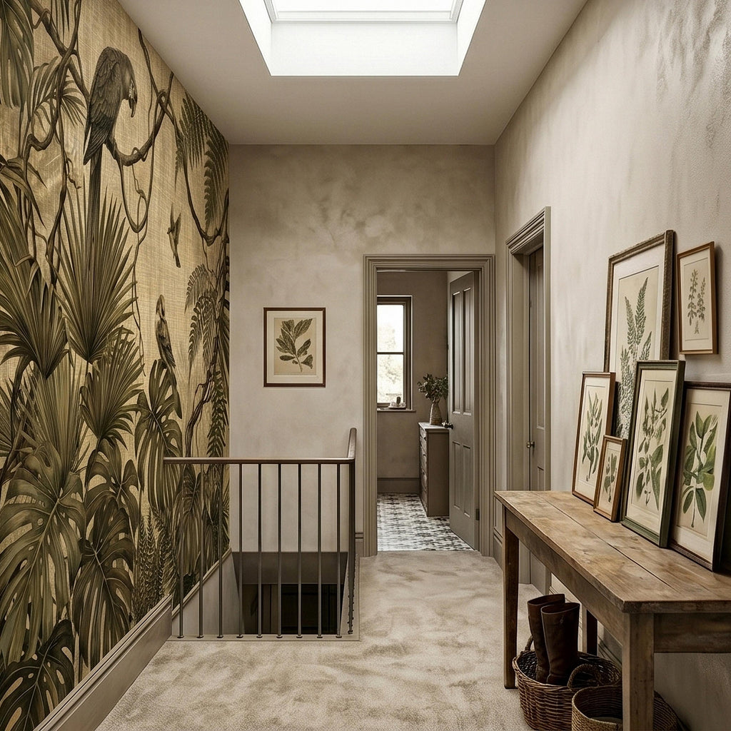 Tropical Birds and Monstera Peel and Stick Wall Mural Vintage Parrot Jungle Leaves Fern Vine, Neutral Sepia Linen Botanical Toile Wallpaper