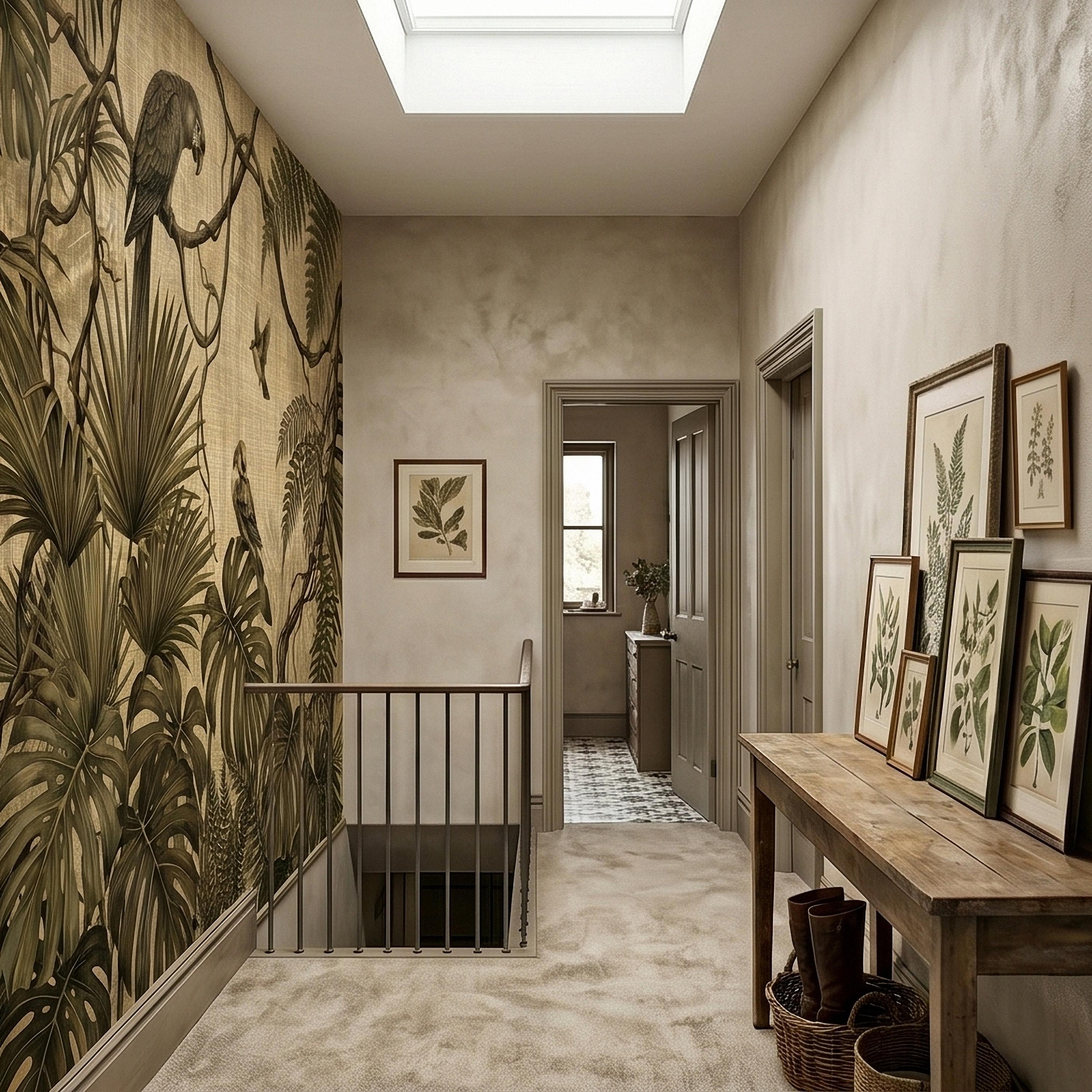 Tropical Birds and Monstera Peel and Stick Wall Mural Vintage Parrot Jungle Leaves Fern Vine, Neutral Sepia Linen Botanical Toile Wallpaper
