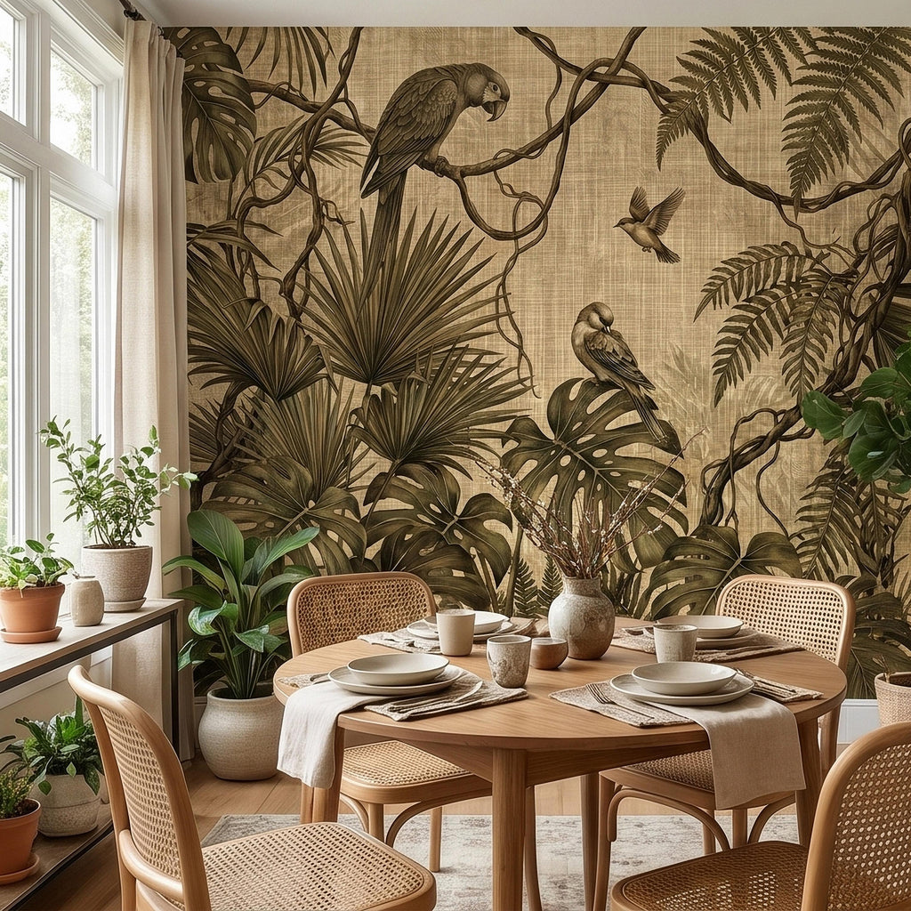 Tropical Birds and Monstera Peel and Stick Wall Mural Vintage Parrot Jungle Leaves Fern Vine, Neutral Sepia Linen Botanical Toile Wallpaper