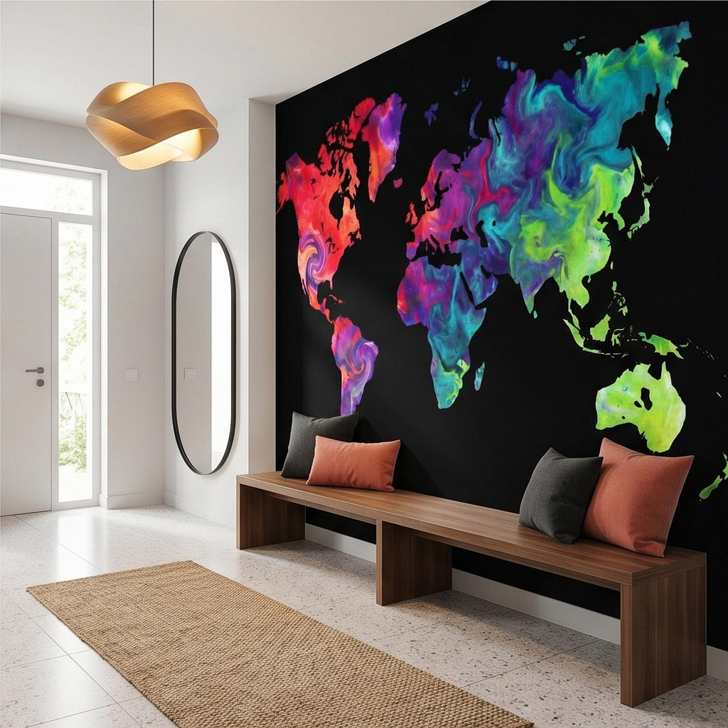 Vibrant Colorful World Map Peel and Stick Wall Mural, Abstract Ink Swirl Continents on Black, Modern Travel Geography, Statement Wallpaper