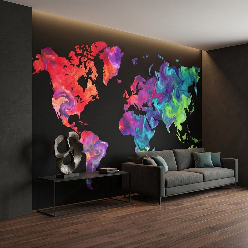 Vibrant Colorful World Map Peel and Stick Wall Mural, Abstract Ink Swirl Continents on Black, Modern Travel Geography, Statement Wallpaper