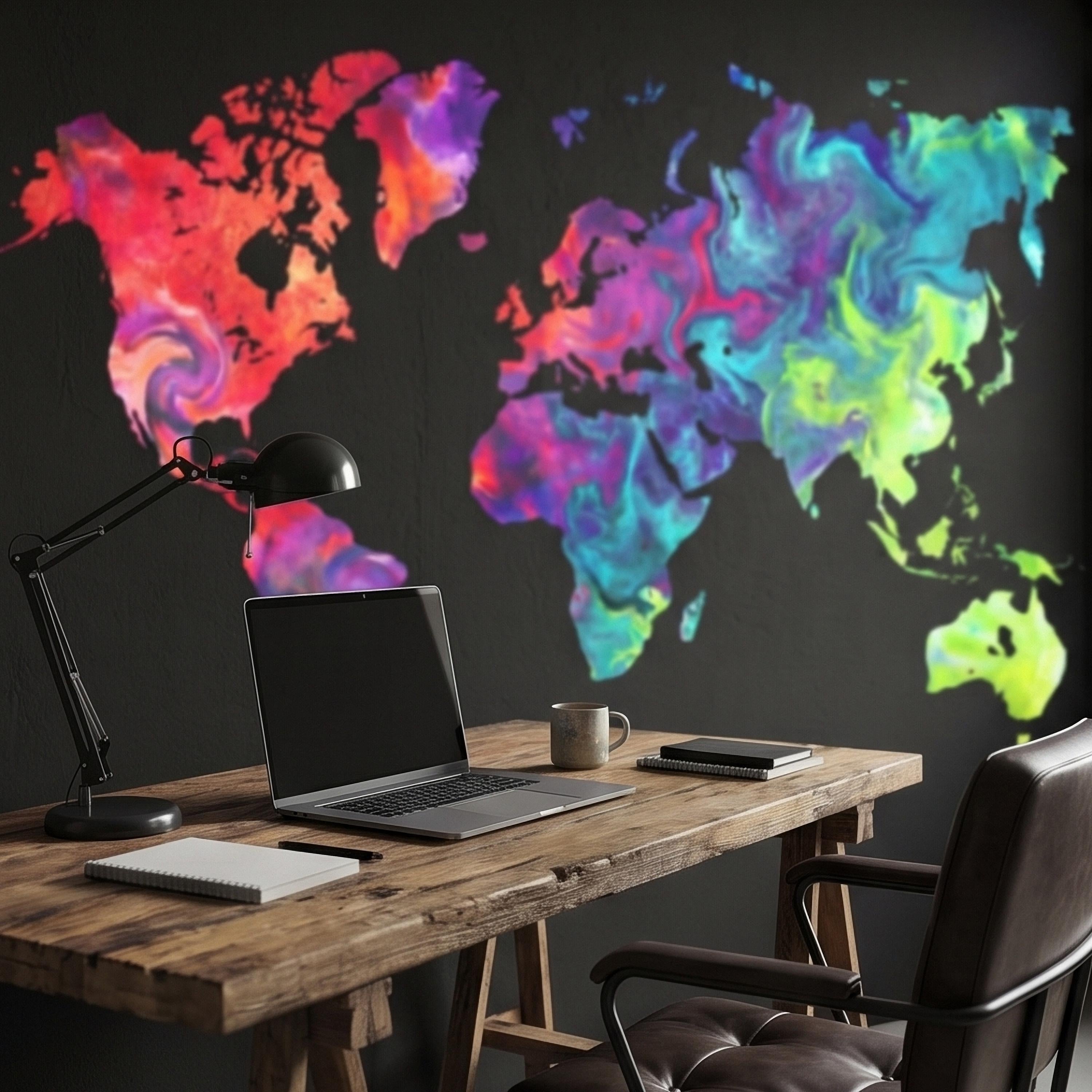 Vibrant Colorful World Map Peel and Stick Wall Mural, Abstract Ink Swirl Continents on Black, Modern Travel Geography, Statement Wallpaper