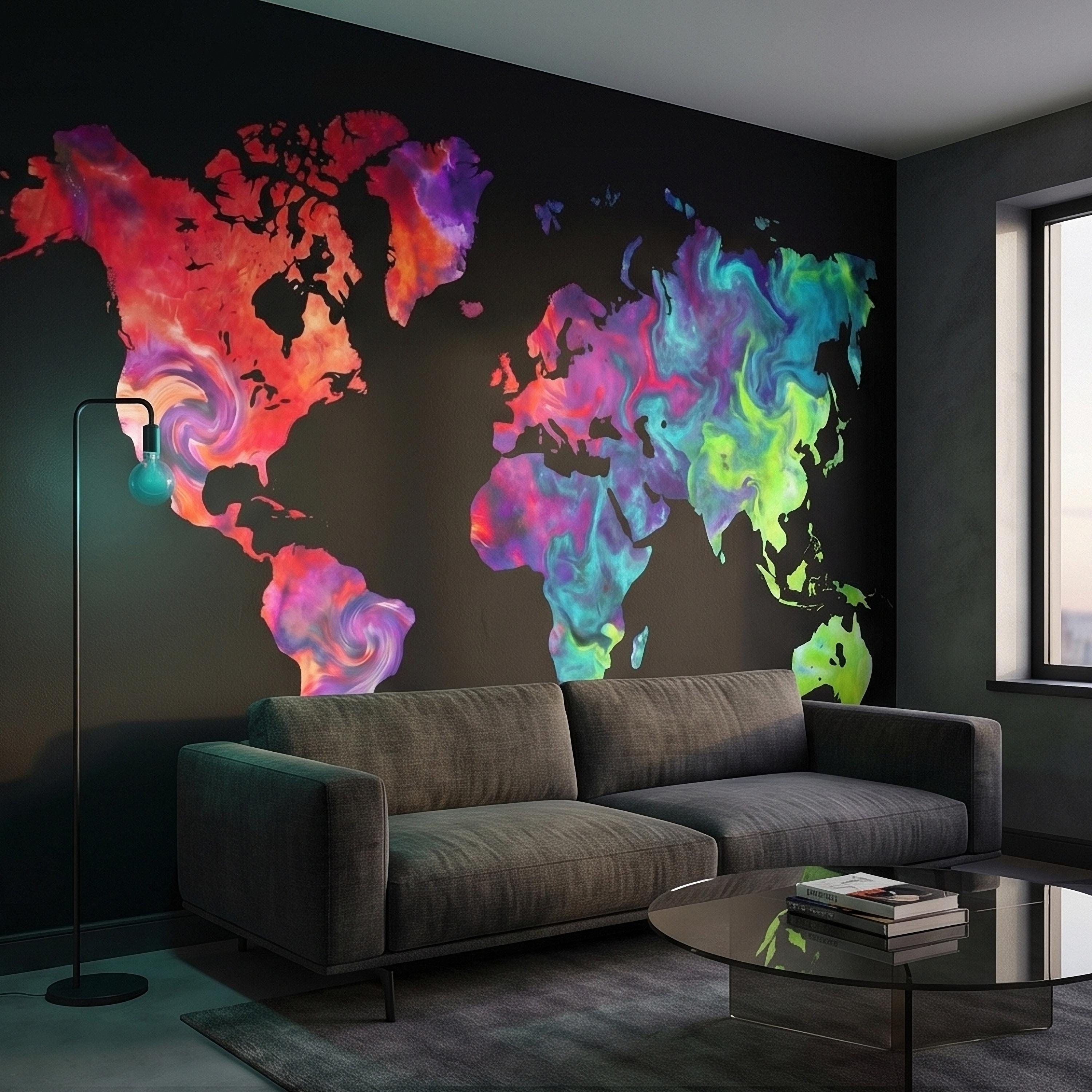 Vibrant Colorful World Map Peel and Stick Wall Mural, Abstract Ink Swirl Continents on Black, Modern Travel Geography, Statement Wallpaper