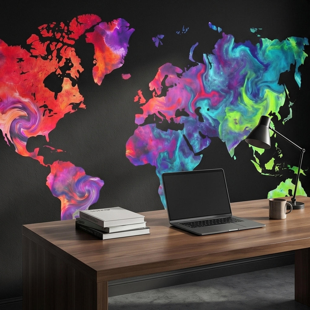 Vibrant Colorful World Map Peel and Stick Wall Mural, Abstract Ink Swirl Continents on Black, Modern Travel Geography, Statement Wallpaper