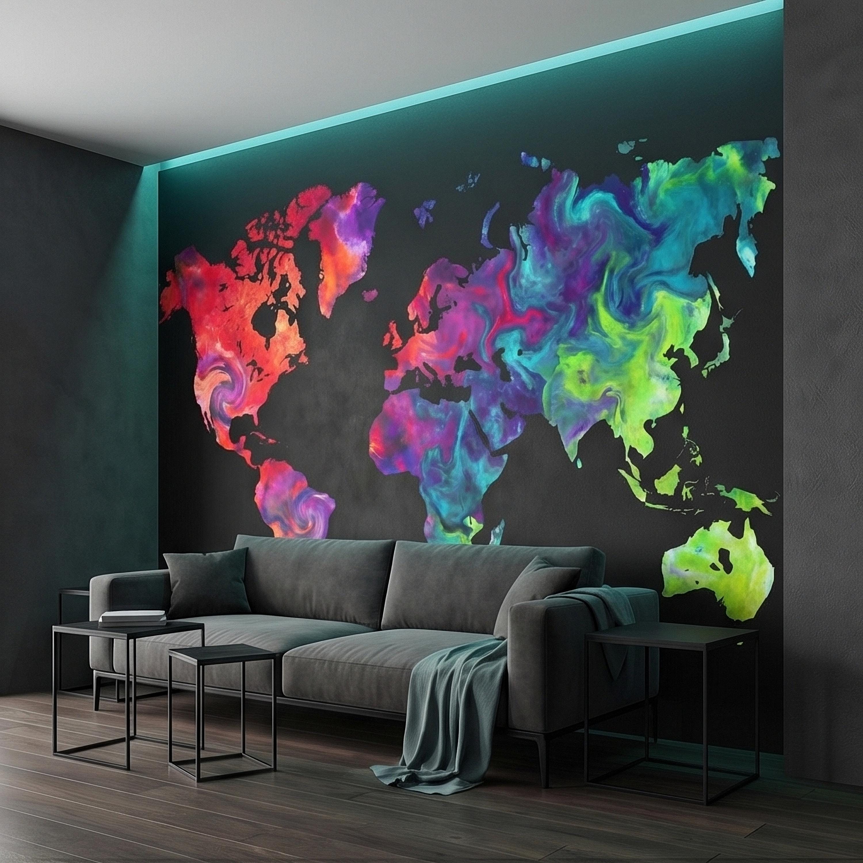 Vibrant Colorful World Map Peel and Stick Wall Mural, Abstract Ink Swirl Continents on Black, Modern Travel Geography, Statement Wallpaper