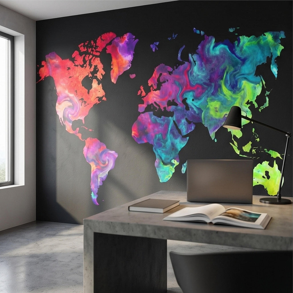 Vibrant Colorful World Map Peel and Stick Wall Mural, Abstract Ink Swirl Continents on Black, Modern Travel Geography, Statement Wallpaper