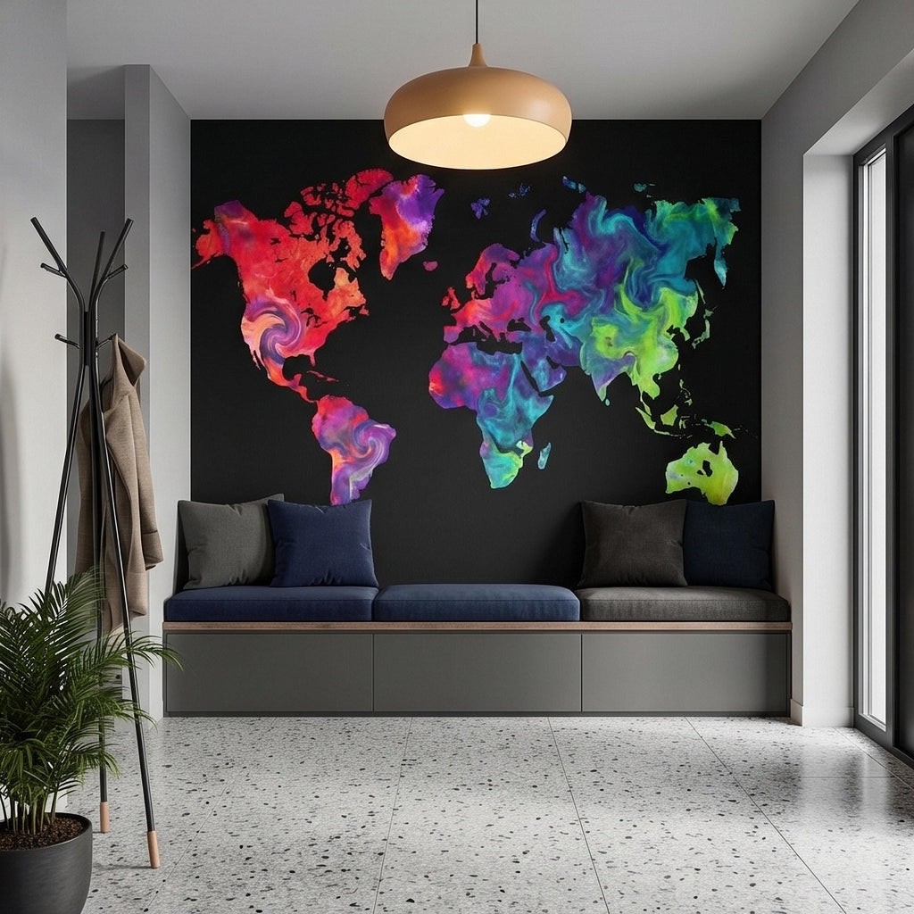 Vibrant Colorful World Map Peel and Stick Wall Mural, Abstract Ink Swirl Continents on Black, Modern Travel Geography, Statement Wallpaper