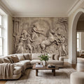 Greek Chariot Relief Peel and Stick Wall Mural, Neoclassical Roman Horses Bas Relief Sculpture, Antique Stone Plaster Texture Wallpaper