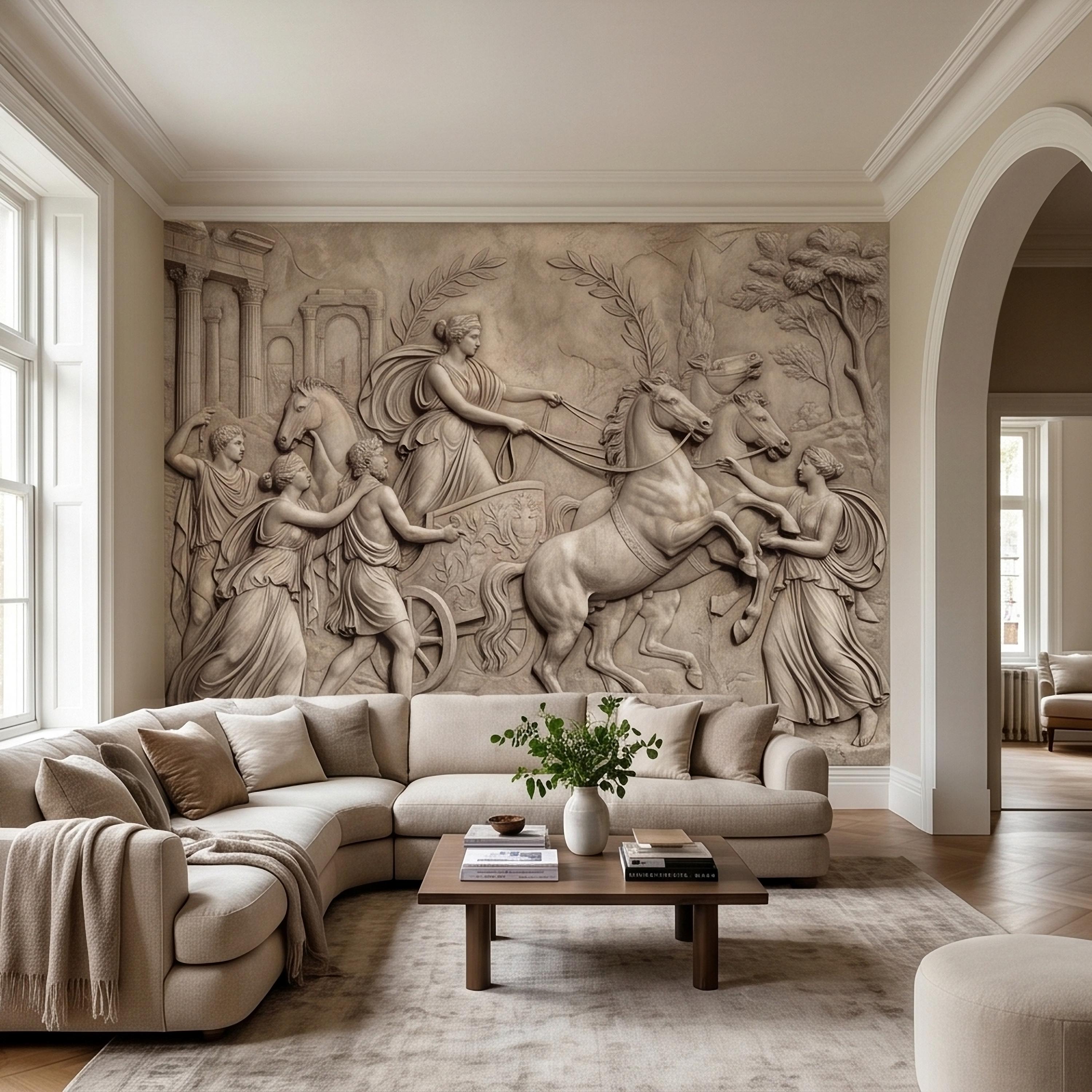 Greek Chariot Relief Peel and Stick Wall Mural, Neoclassical Roman Horses Bas Relief Sculpture, Antique Stone Plaster Texture Wallpaper