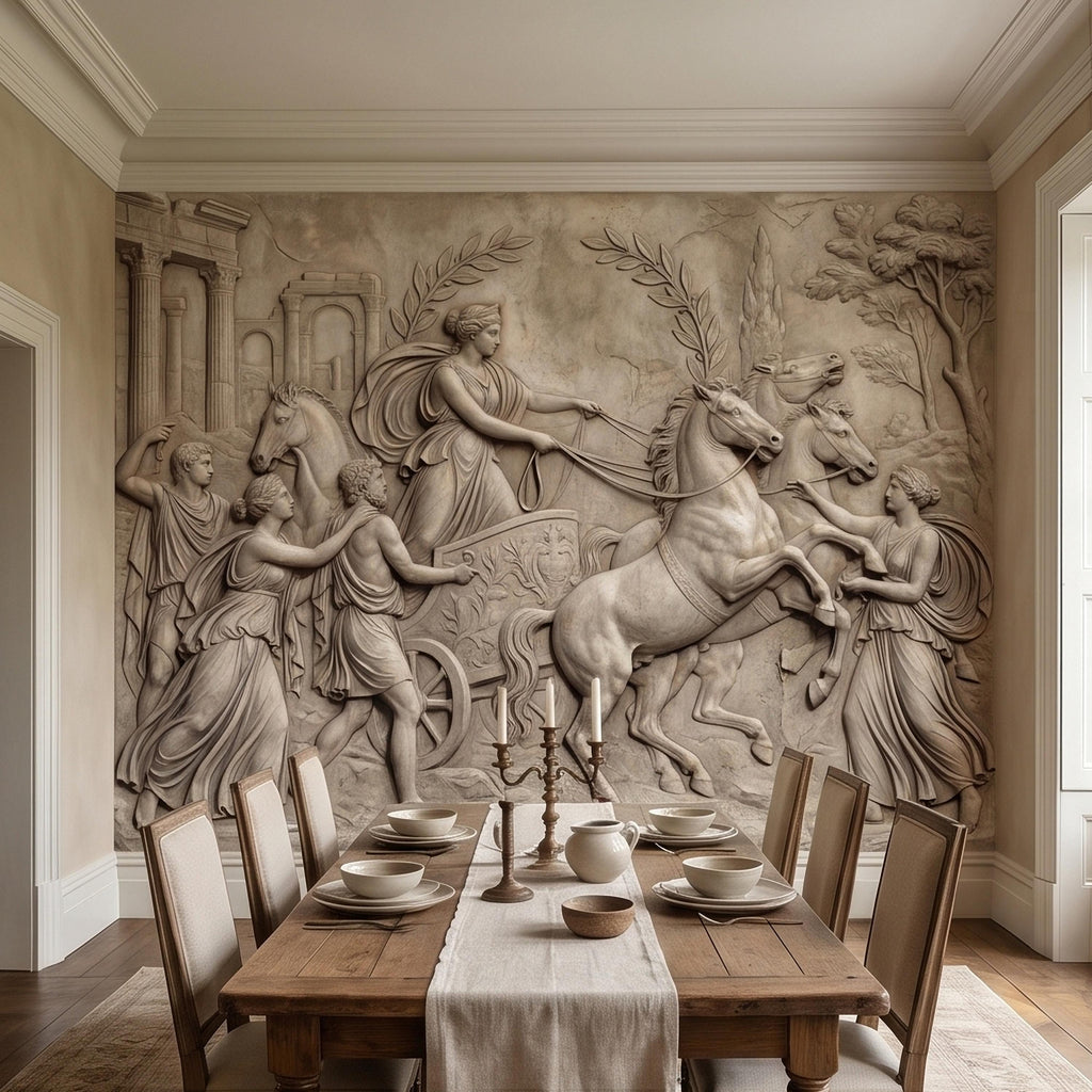 Greek Chariot Relief Peel and Stick Wall Mural, Neoclassical Roman Horses Bas Relief Sculpture, Antique Stone Plaster Texture Wallpaper
