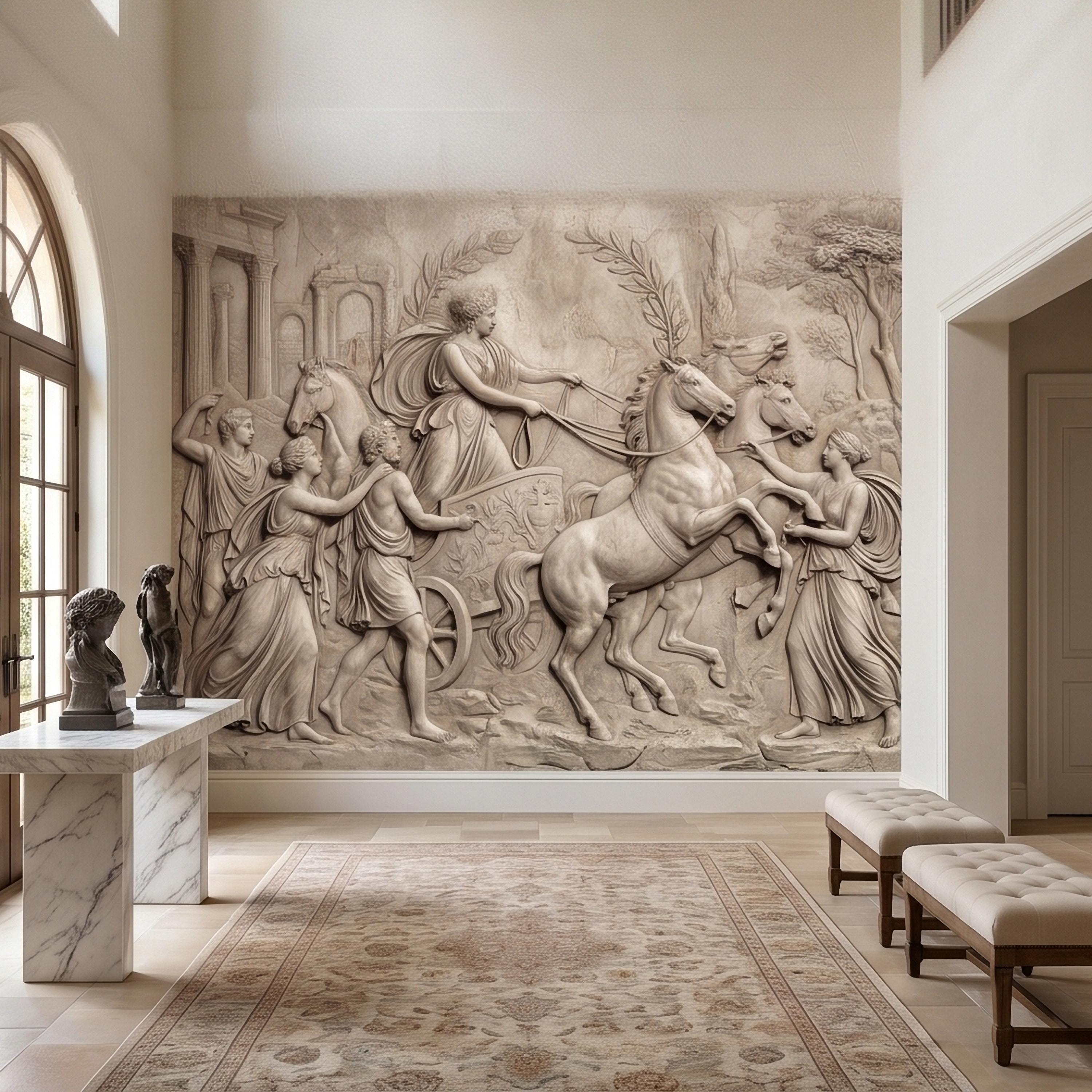 Greek Chariot Relief Peel and Stick Wall Mural, Neoclassical Roman Horses Bas Relief Sculpture, Antique Stone Plaster Texture Wallpaper